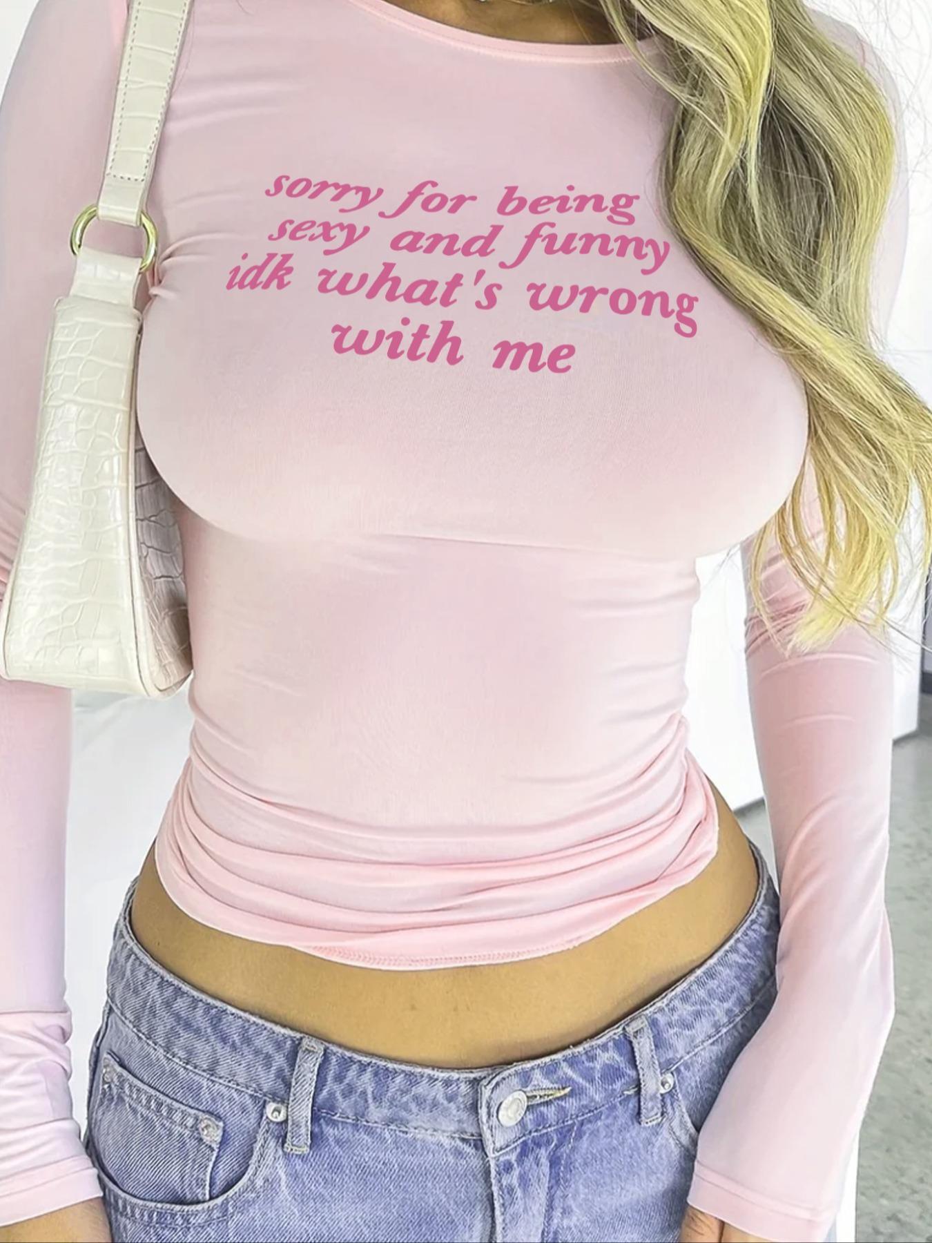 Women's Letter Print Round Neck Tee Top, Y2K Trendy Casual Long Sleeve T-shirt for Daily Wear, Ladies Clothes for All Seasons