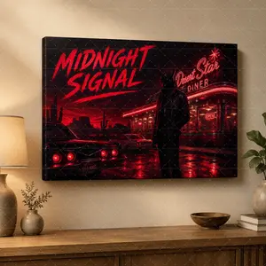 "Midnight Signal" Neon Noir Canvas Wall Art, Retro Cyberpunk Diner Print, Bold Red Black Aesthetic, Modern Living Room Bedroom Office Decor, Urban Night Vibe Poster Gift,wall decor,poster.