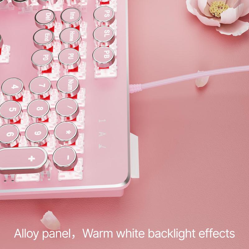 EWEADN Punk Typewriter Mechanical Gaming Keyboard, All-metallic Panel 104 Keys Full-size Numeric Keypad, White Backlit USB Wired Keyboard for Game and Office, Lighted Mechanical Keyboard