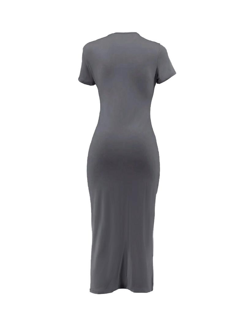 Women's Plain Ruched Drawstring Split Thigh Bodycon Dress, Lady Casual Asymmetrical Round Neck Shortsleeve Dress for Party Club Dating Wear, Women's Dress for Summer, Womenswear, Minimalist Date Night Dresses, Bodycon Side Slit, Formal Bodycon Dress