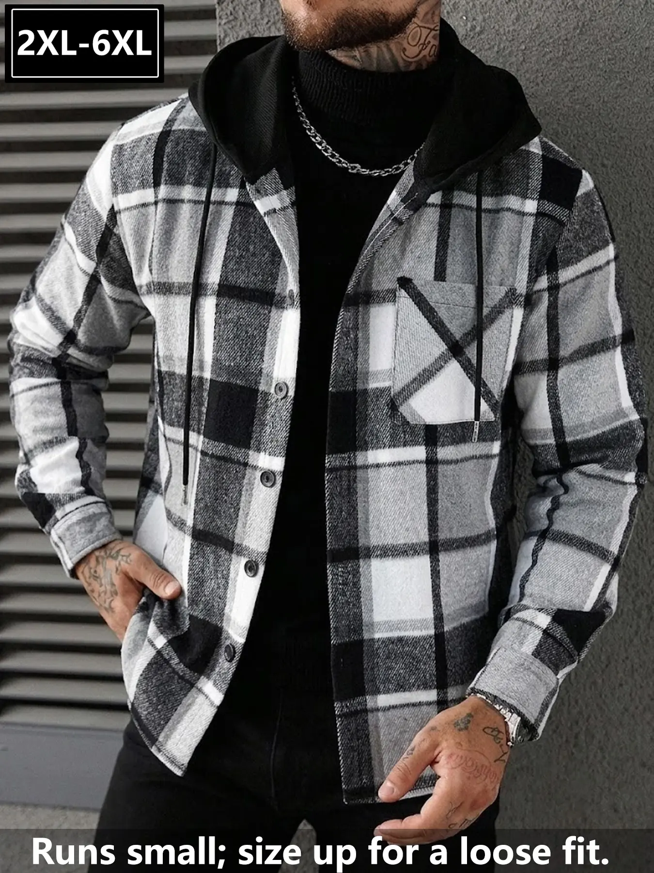 Large Size Men's Minimalist Street Style Hooded Plaid Flannel Shirt Jacket, Loose Fit Soft Button-Up Coat, 2xl-6x, Daily Wear