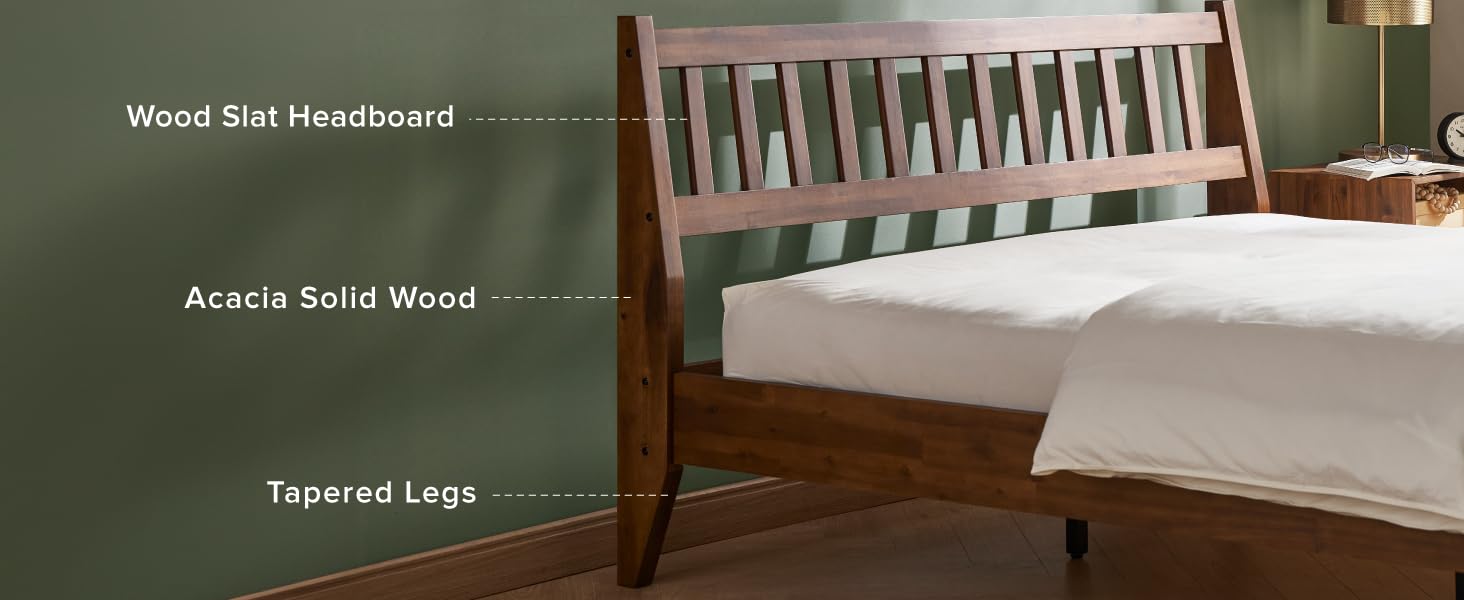 mopio Ted Bed Frame with Headboard, Mid Century Modern Acacia Solid Wood Platform Bed Frame, Wooden Slats, No Box Spring, Double Metal Bar Support (Solid Wood Slatted, King (U.S. Standard))
