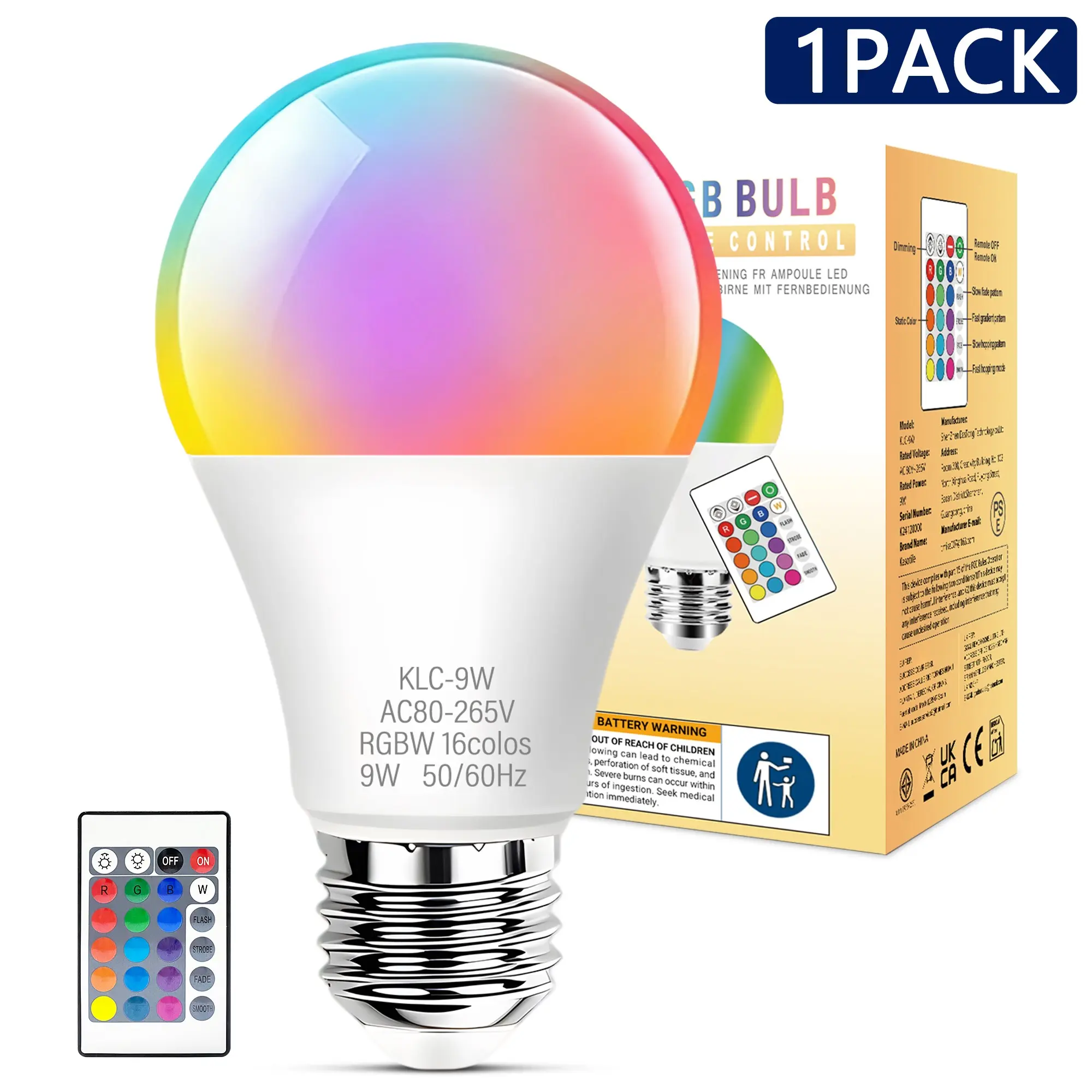 Kasotile RGB LED Bulb with Remote, E27/e26 Base, 16 Colors, 4 Modes, Dimmable, Color Changing Led, 9w/15w, Indoor Holiday Lighting, Bedroom, Living Room, Led Bedroom Lights