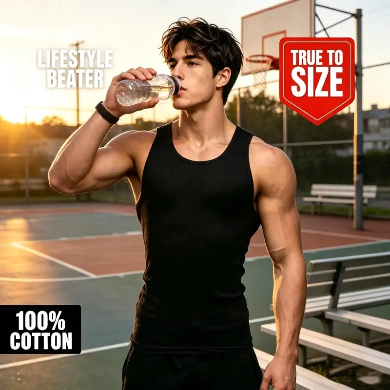 Men's 100% Cotton Athletic Basic Tank Top - Slim Fitting Ribbed Breathable Muscle Beater, Training Wear for Casual Lifestyle