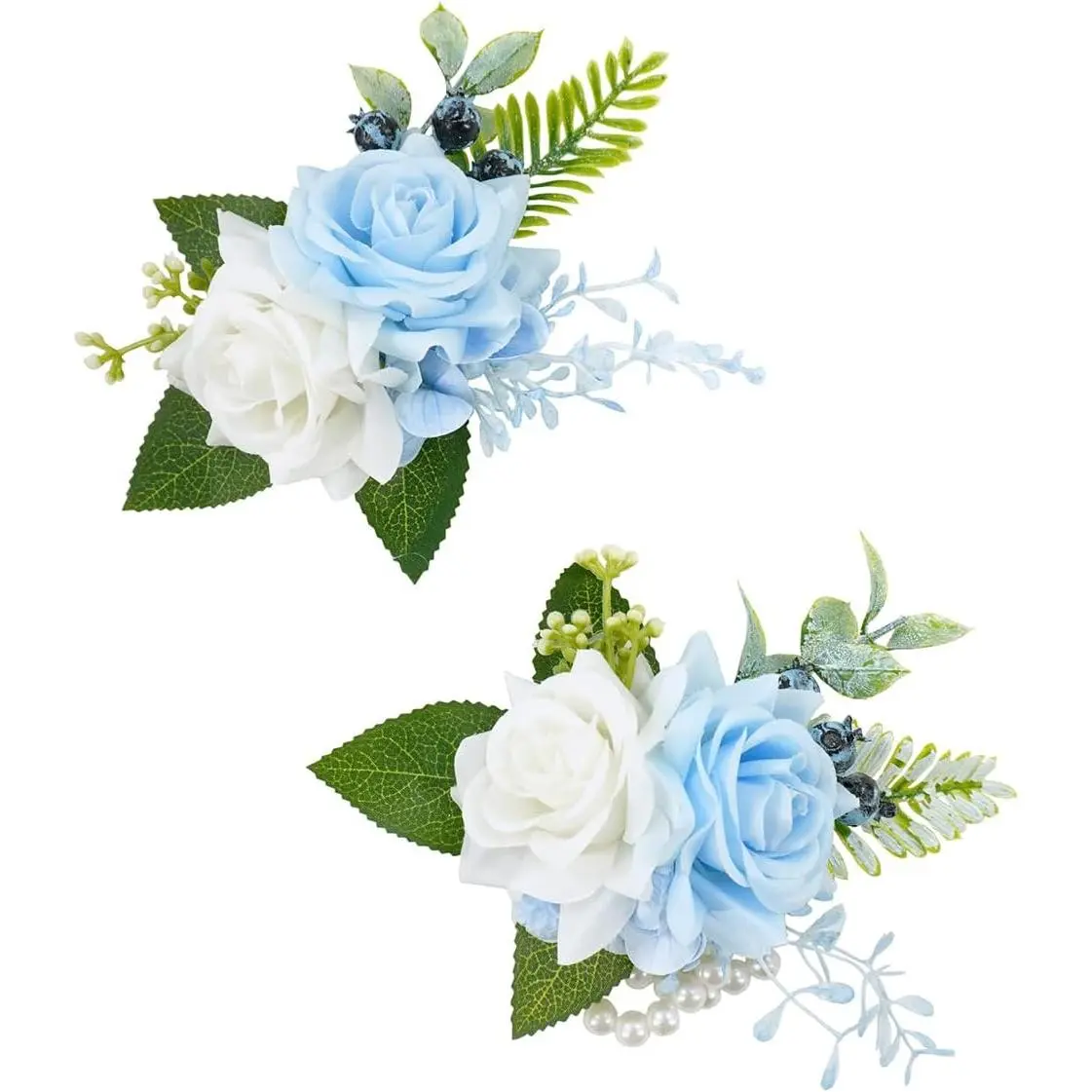 Light Blue Corsage and Boutonniere Set for Wedding Prom, Artificial Rose Flower Wrist Corsage Bracelets, Homecoming Corsage Wristlet, Boutonniere for Men Wedding Suit Decorations