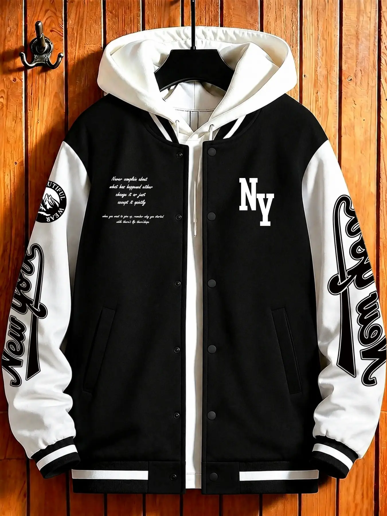 Men's Fall Winter Ny Letter Print Baseball Jacket, American Vintage Style, Loose Fit, Long Sleeve, Casual Streetwear, Daily Commute