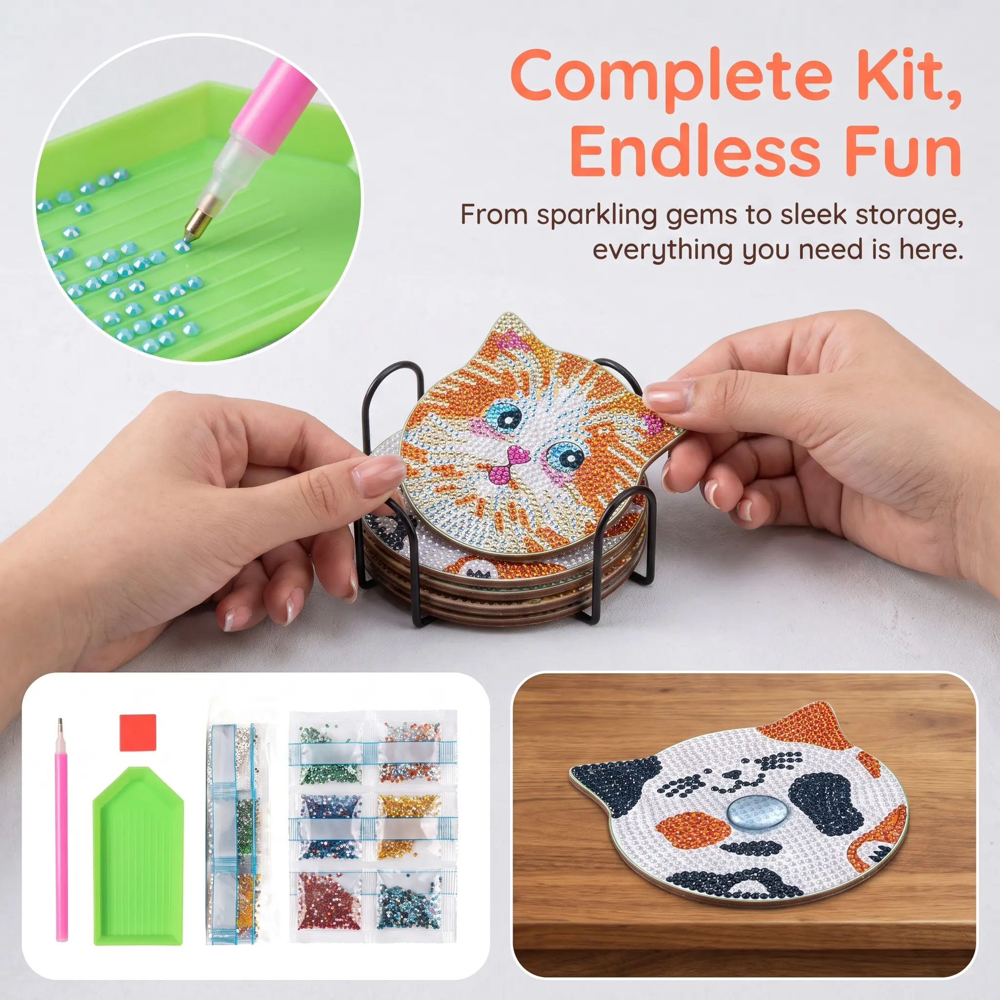 6/8PCS Diamond Painting Coaster Kits,Cat Themed DIY Arts and Crafts Set,Plastic Material,with Diamond Dots for Adults,for Valentine'S Day Gift-YY2