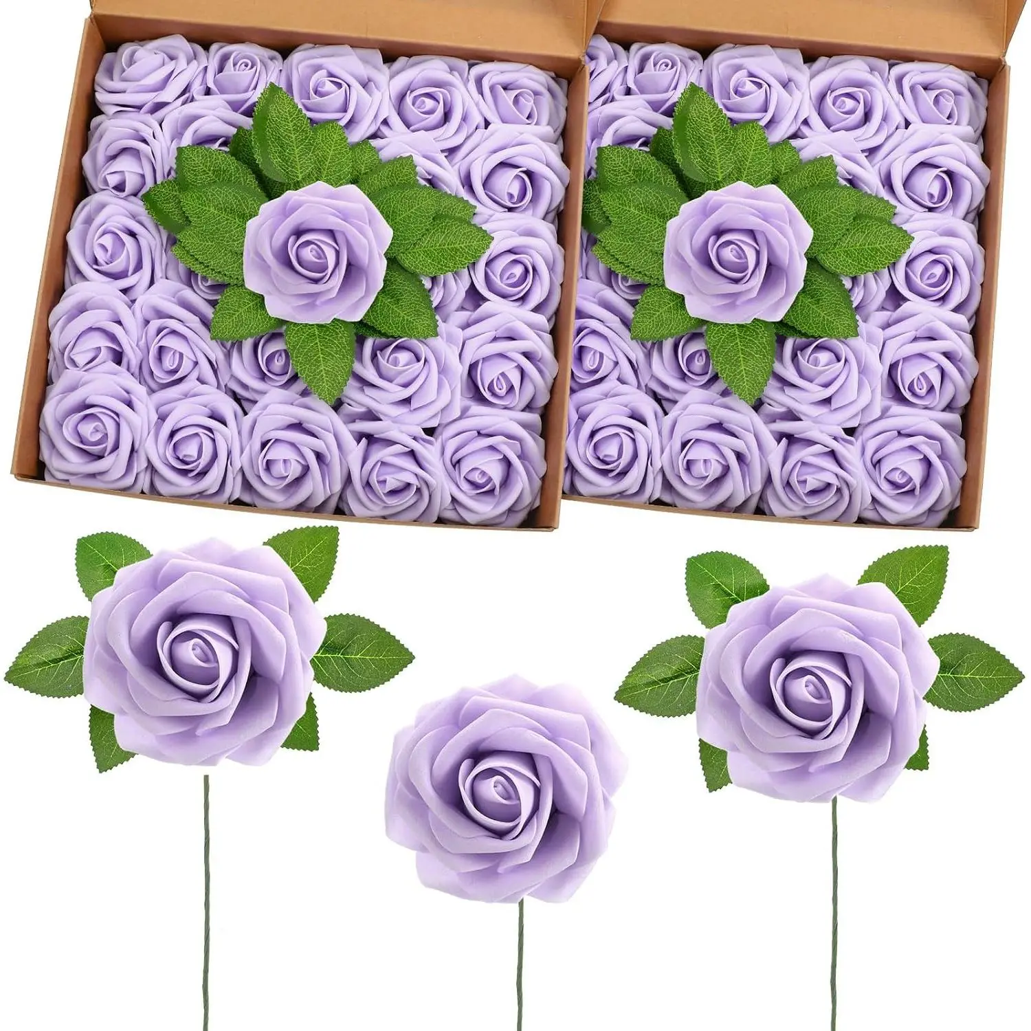 50 Pcs Artificial Flowers Roses, Lavender Foam Faux Rose with Stems, DIY Wedding, Bouquets, Baby Shower, Centerpieces, Floral Arrangements, Christmas, Home Party Decorations