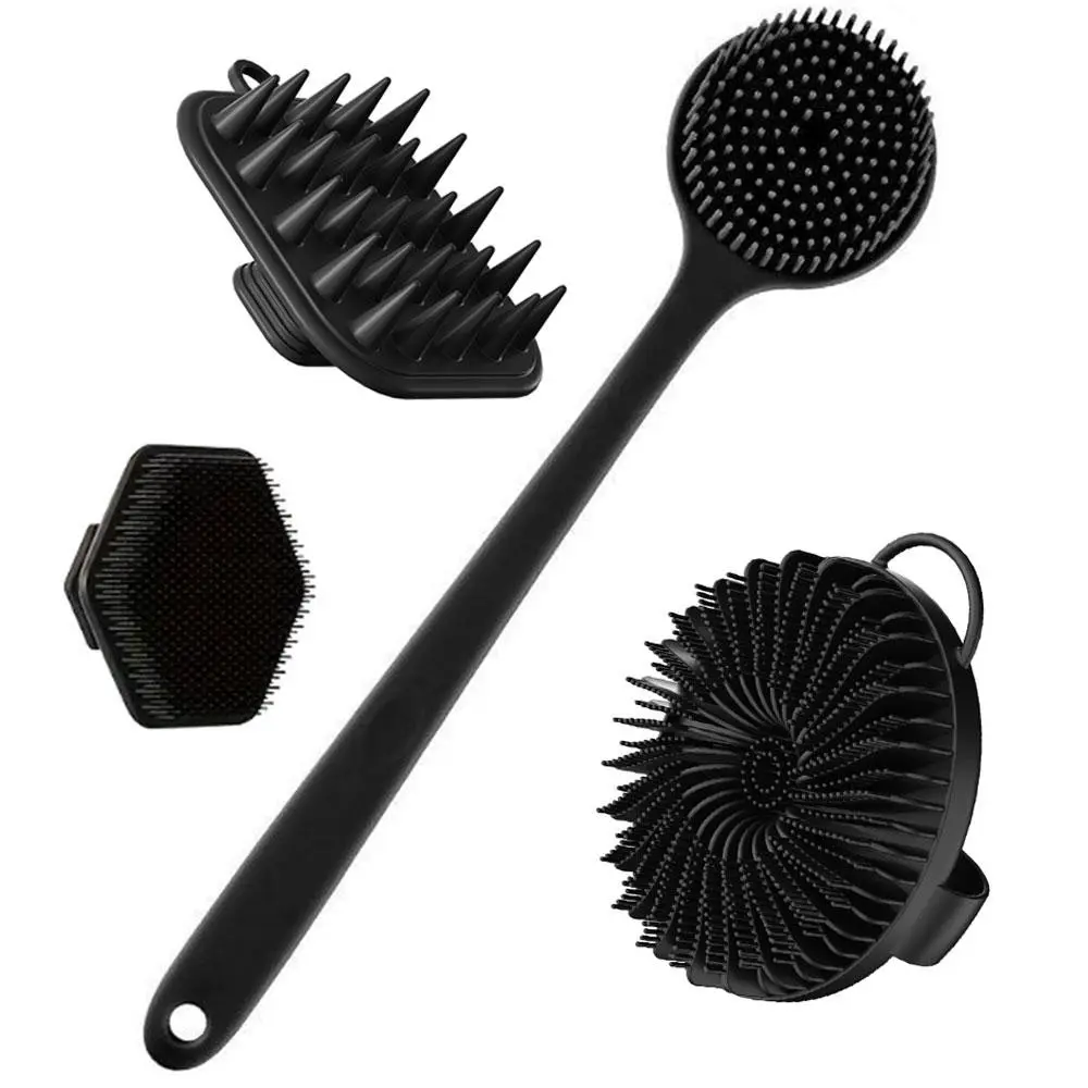 Silicone Body Brush Bath Set, Includes Long Handle Back Scrubber, Shower Brush, Shampoo Brush, Face Cleaning Brush, Exfoliating Bath Tool