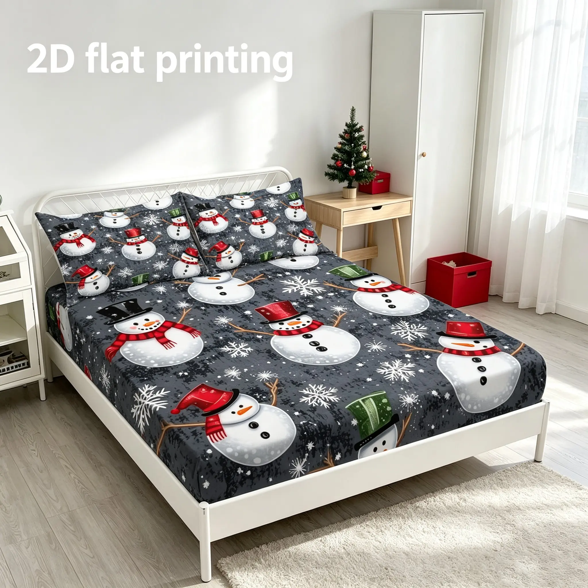 3pcs-2D flat printed retro top hat snowman snowflake bed sheet set European and American winter Christmas all inclusive non slip bedding includes 1 bed sheet+2 pillowcases (excluding pillow core), home bedroom multi size universal bedding