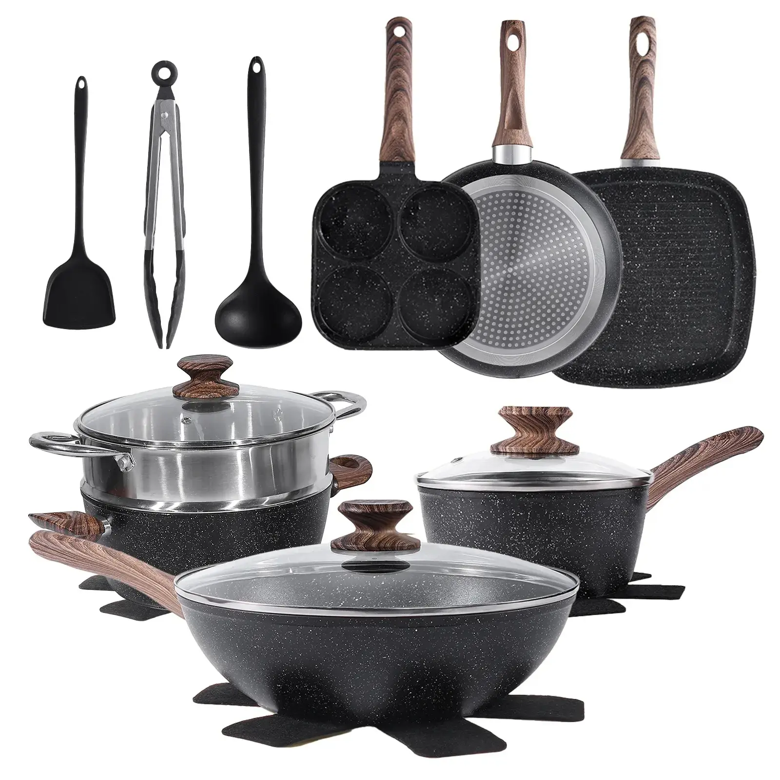 17-Piece Nonstick Cookware Set with Removable Handles, Induction Compatible Pots and Pans, Glass Lids, and Kitchen Utensils