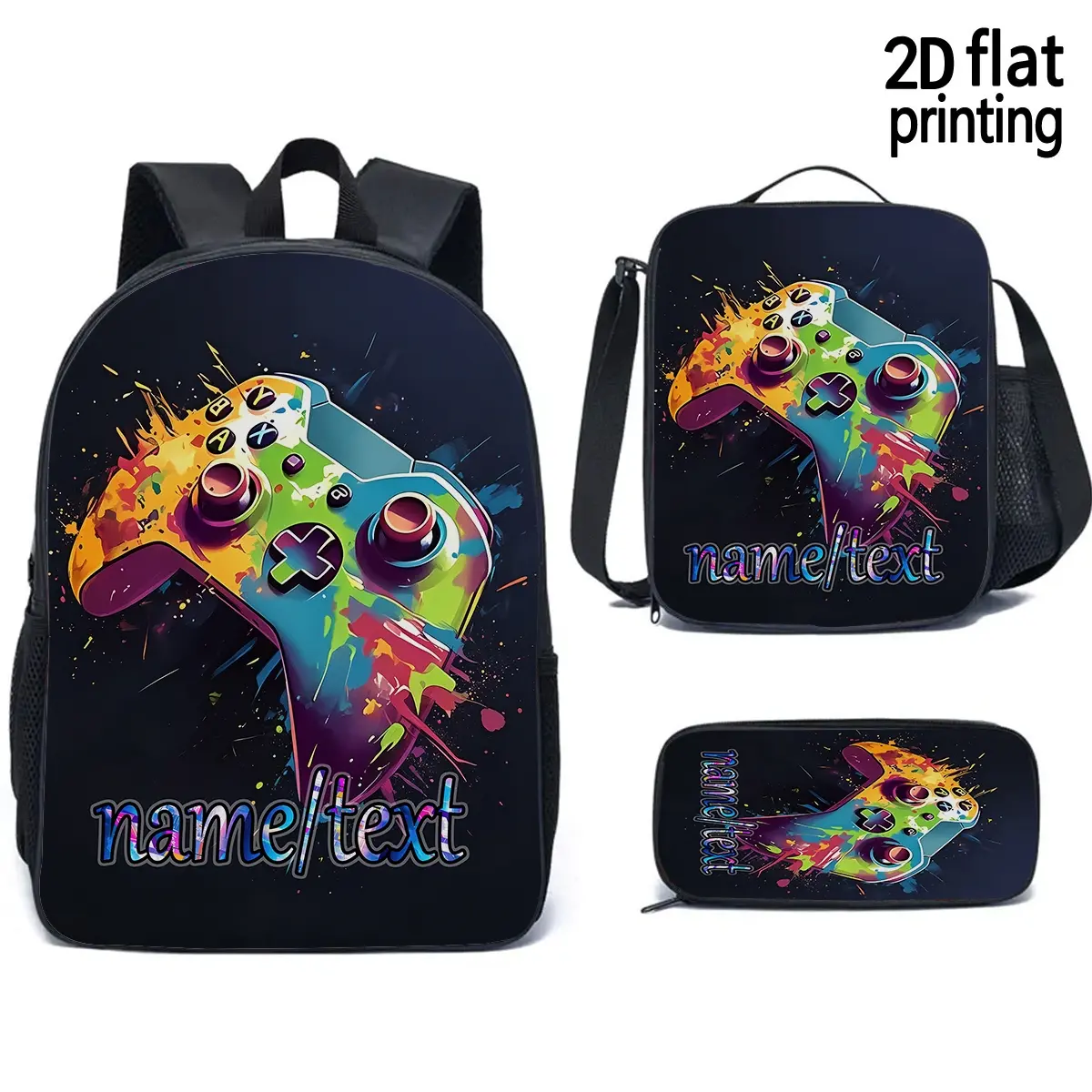 3pcs | Custom Text Customization | Trendy Fashion Colorful Splatter Game Controller Pattern Unisex Backpack Set, Durable Backpack Set, Suitable for High School, University, Travel, Camping, Tourism, Gatherings, For Teenager