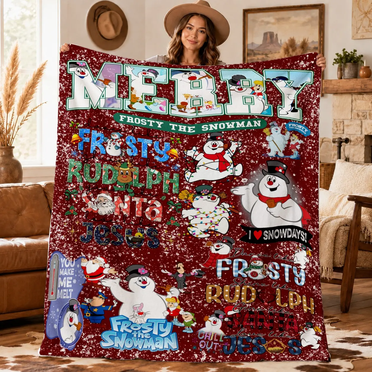 Frosty the Snowman Christmas Collage Throw Blanket, Burgundy Snow Background, Rudolph Santa Print, Flannel, Holiday Sofa Decor, Xmas Gift