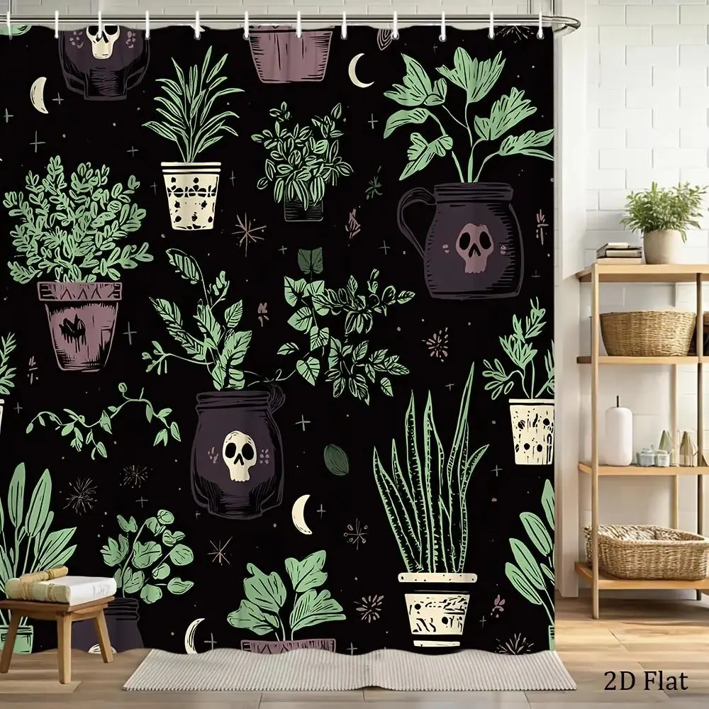 Gothic Black & Green Decorative Polyester Botanical Skull Shower Curtain - 70.8x70.8 in, 12 Hooks, Easy-Clean, Free Bathroom Window Cover for Spooky Home Decor, 2D Flat