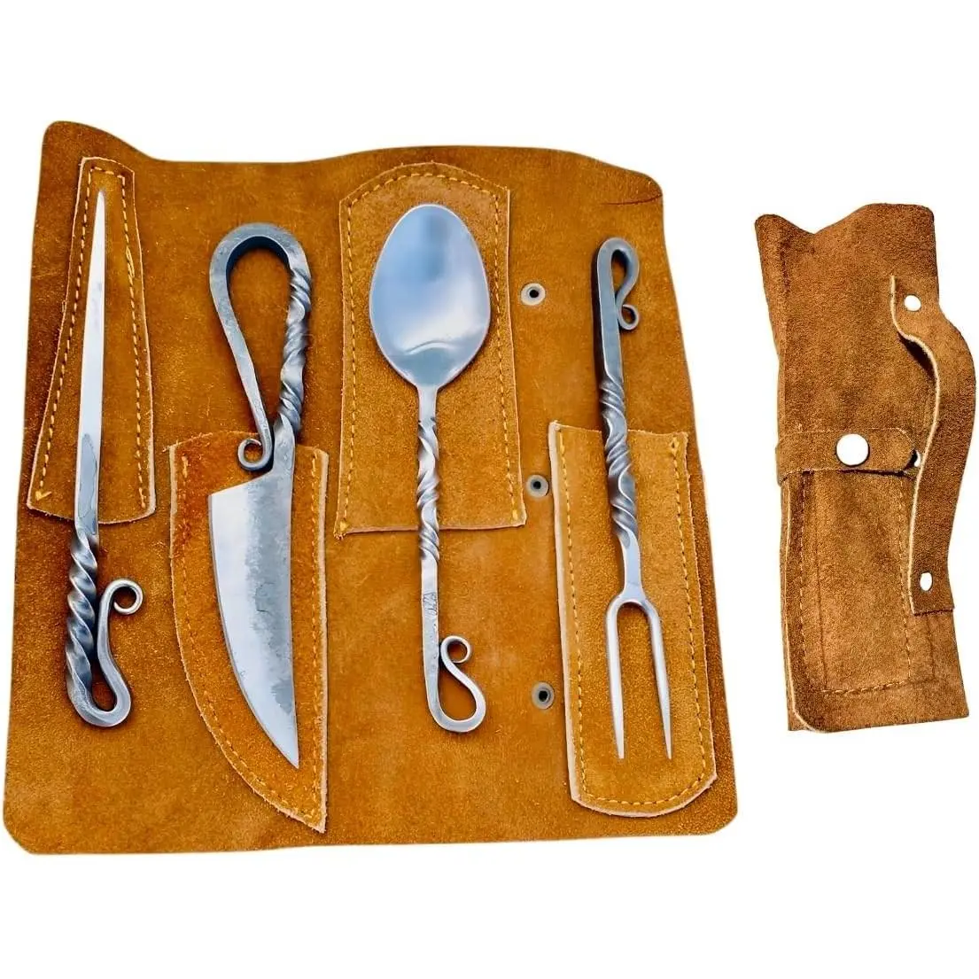 Hand Forged Viking Cutlery Set Knife Knives Black Silverware Set With Leather Cover- Medieval 4 Pcs Kitchen Utensils Set, Viking Cutlery Set Knife Spoons And Forks Set- Dinnerware Sets