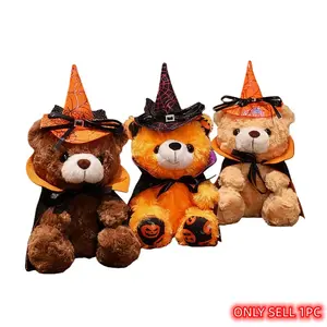 Halloween Teddy Bear Plush Doll, a teddy bear wearing a wizard’s hat and cloak, with cute, round eyes and brown/white fur. Fun and playful holiday-themed decoration item. Perfect for Halloween gifts, birthday gifts, or holiday presents.