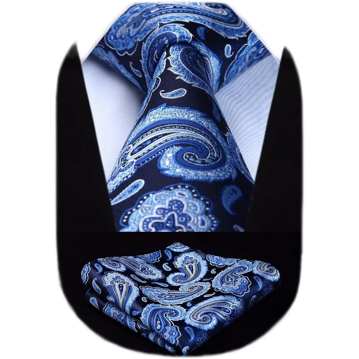 Ties for Men Blue Paisley Tie and Pocket Square Set Formal Navy Blue Mens Necktie Handkerchiefs Satin Neckties for Wedding Party