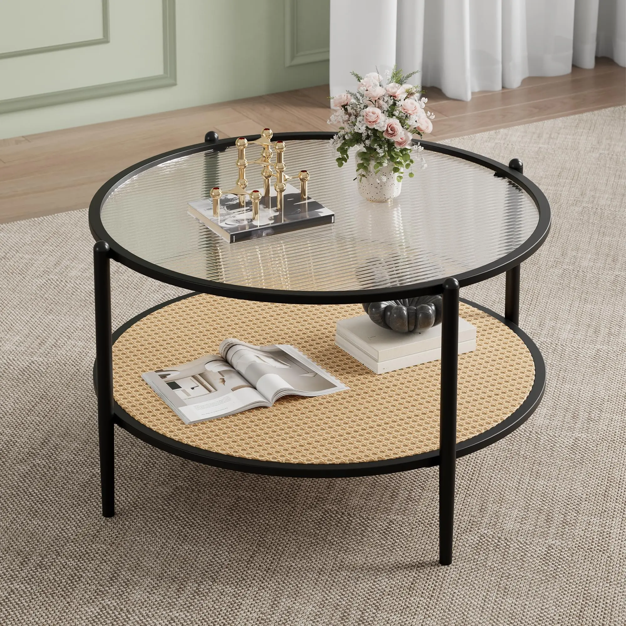 Garvee 30-inch Round Rattan Coffee Table with Storage, 2-Tier Wavy Water Glass Center Table for Living Room, Modern Small Black and Gold Circular Side Table