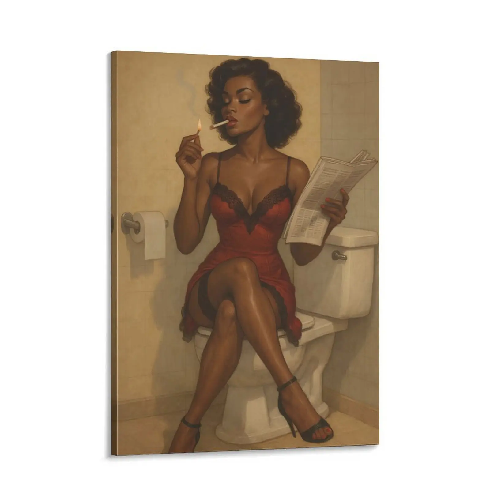 Retro Pin-Up Canvas Wall Art Poster - Artistic Print of a Woman Smoking on a Toilet, Home Decor for Bedroom Decor