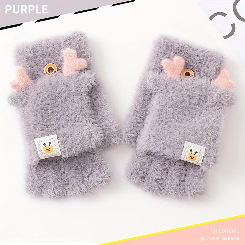 1 Pair Kids Gloves Winter Warm Thickened Flip Gloves Writing Open Finger Girl Plush Half Finger Gloves Cute Cartoon Winter Boy Five Finger Gloves Suitable for Daily Wear Outing Suitable for Children Aged 3