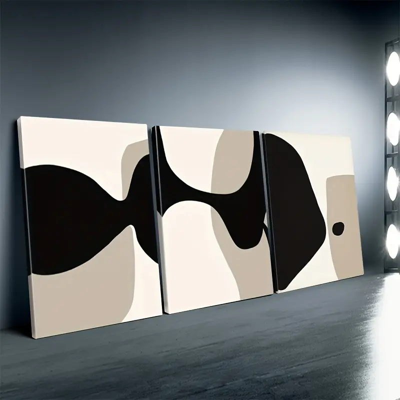 Modern Minimalist Neutral Black-Beige Abstract 3-Piece 2D Flat Framed Canvas Art Set - Plaid, Polka Dot, Houndstooth Inspired Wall Decor for Living Room, Dorm; Wardrobe Accent, 4th of July, Marble, Hanukkah, Valentine's Day Home Decor, Herringbone