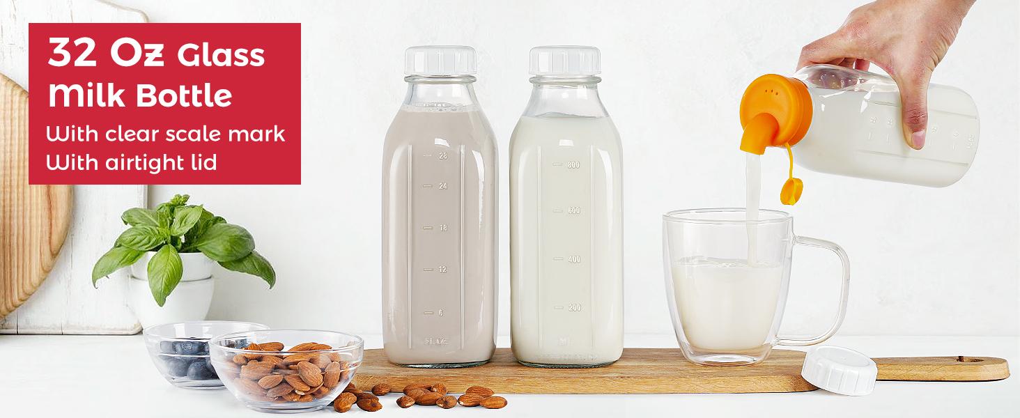 32 oz Reusable Glass Milk Bottles with Silicone Dispenser Cap, 2 Pack Glass Jars with Airtight Screw Lid, Leak Proof Juice Bottles with Scale Mark Breastmilk Storage Container for Fridge