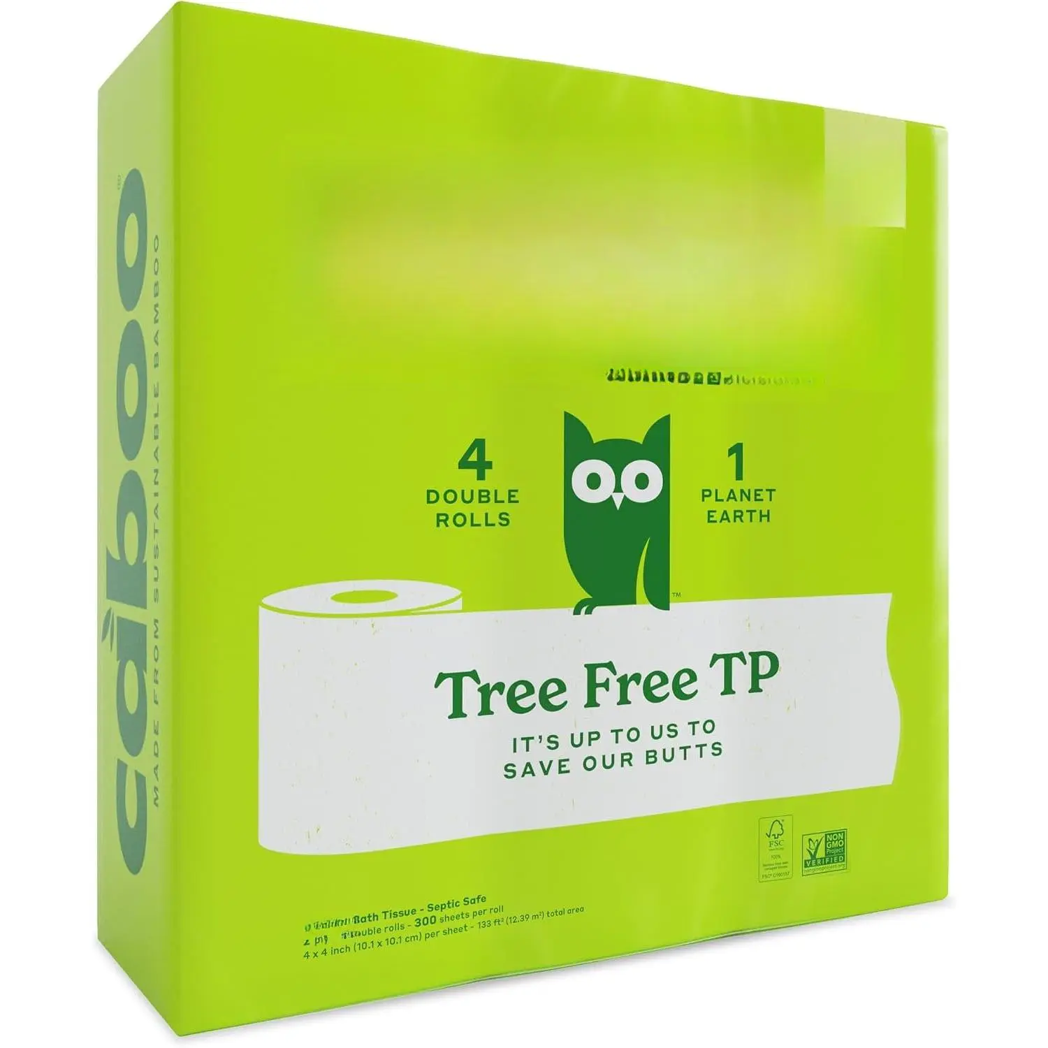Tree Free Toilet Paper, Septic Safe Bath Tissue, Quick Dissolving 2 Ply Sheets - 300 Sheets Per Roll, 4 Double Rolls