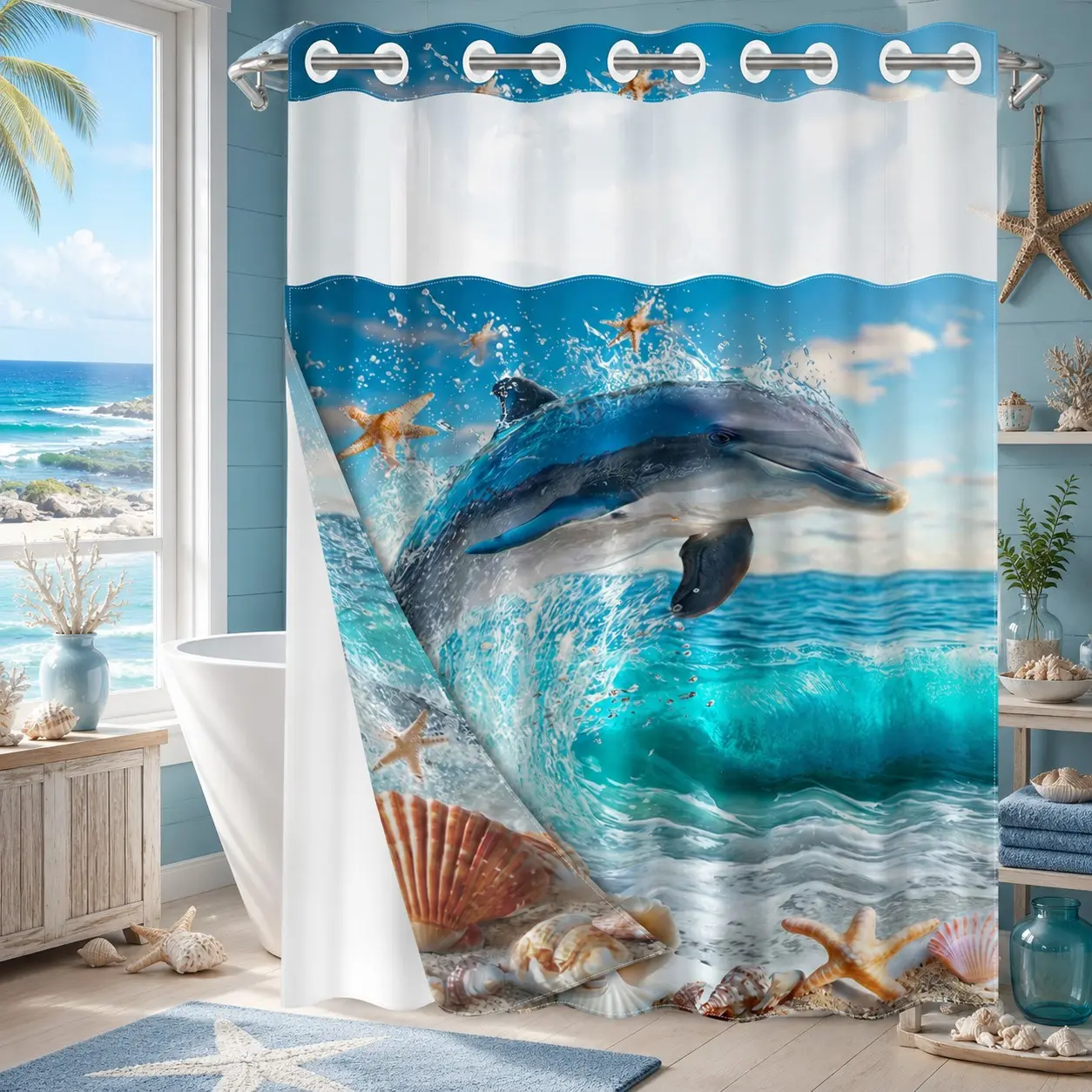 No Hook Shower Curtain With Snap In Liner, Double Layer Shower Curtain, Dolphin Ocean and Seashell Print, Machine Washable Waterproof Mildew Resistant Fabric, Home Bathroom Decor, See-Through Curtain, 71"×74"