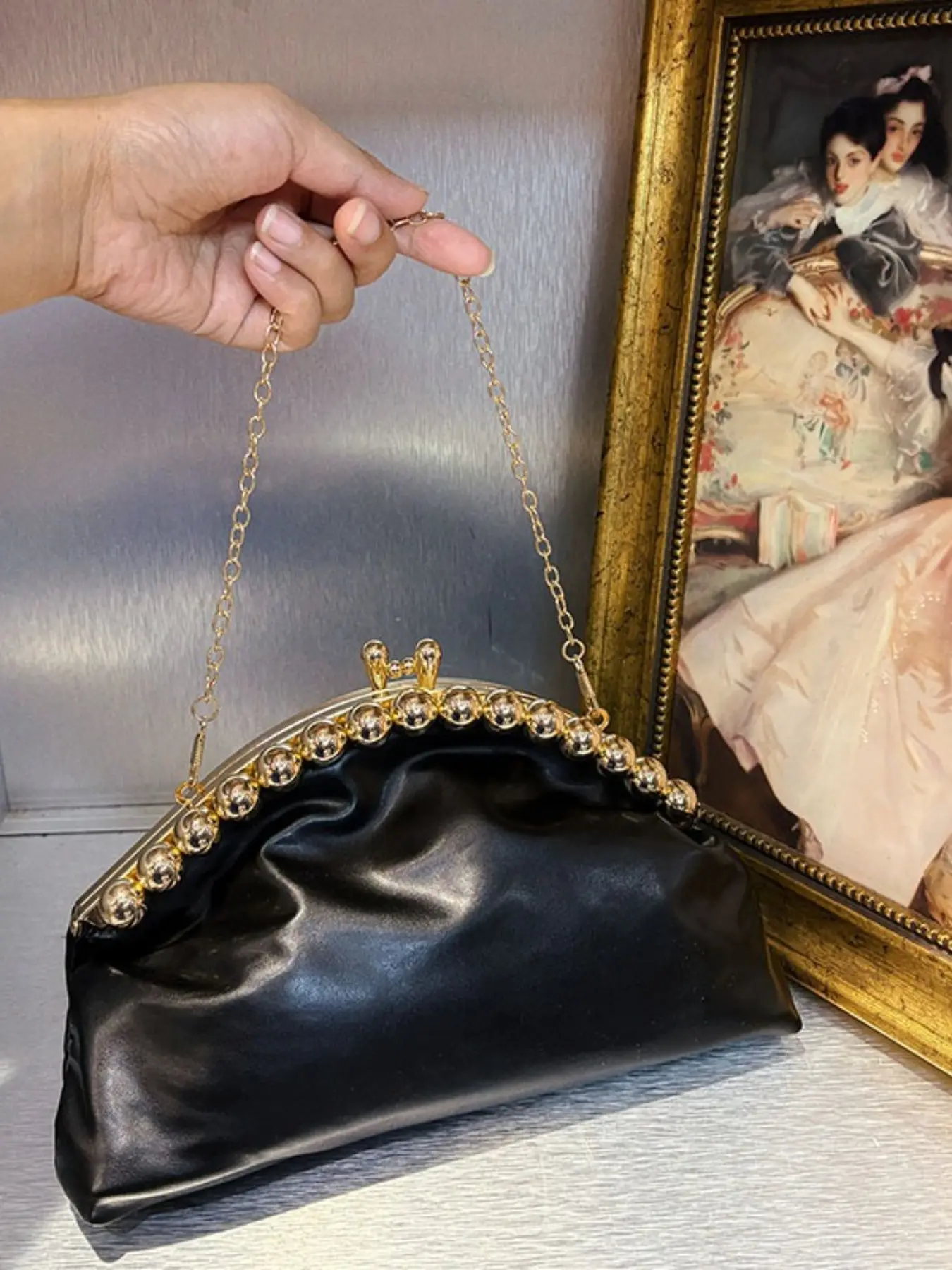 Cloud Shape Clutch Bag, Women's Beaded Chain Evening Bag, Metal Texture Luxury European Style Shoulder Bag, Perfect Gift Accessory