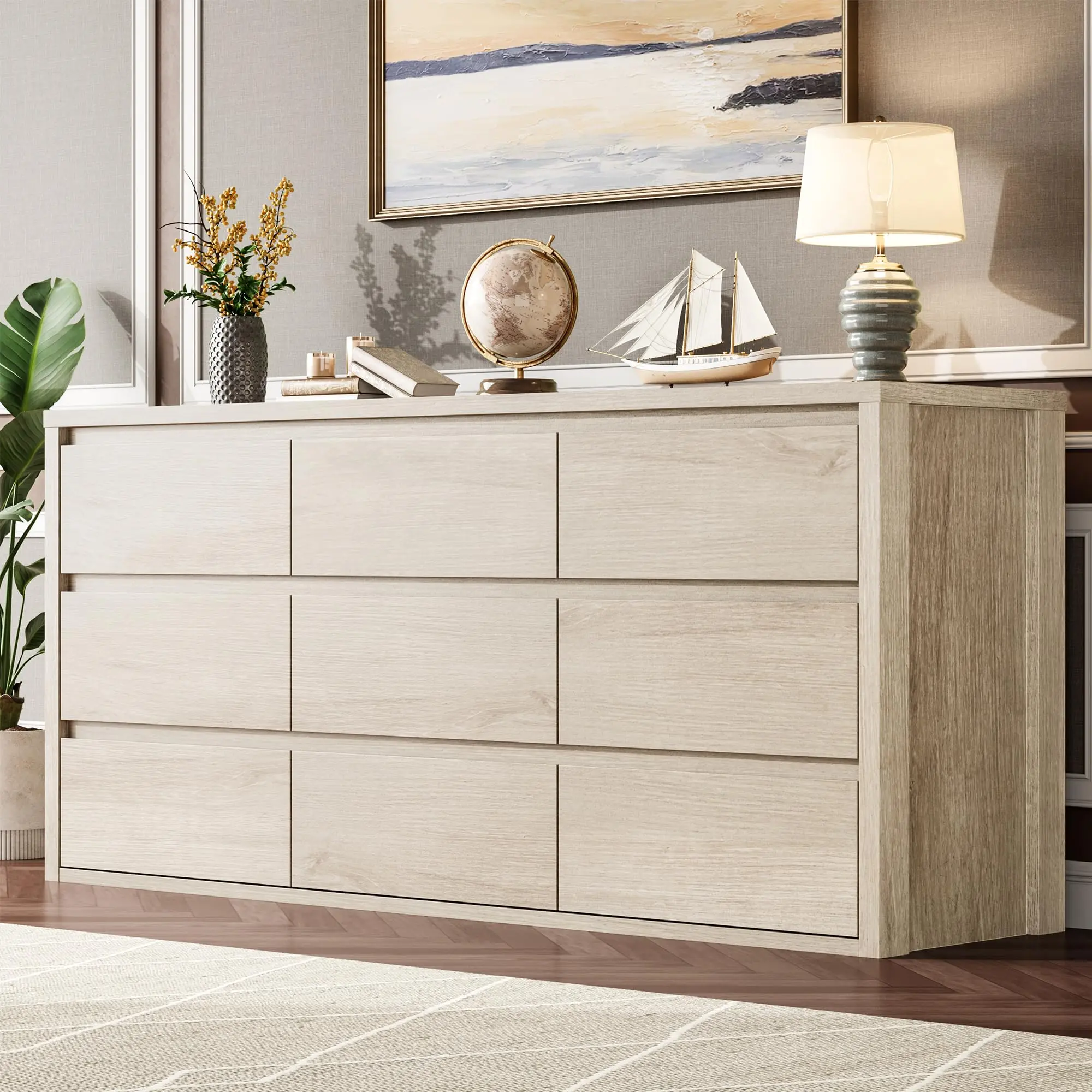 Minimalist 9-Drawer Wooden Dresser - Wide Interior Storage Furniture with Drawers and Cabinets, Bedroom Decor, Large Storage Organizer for Living Room