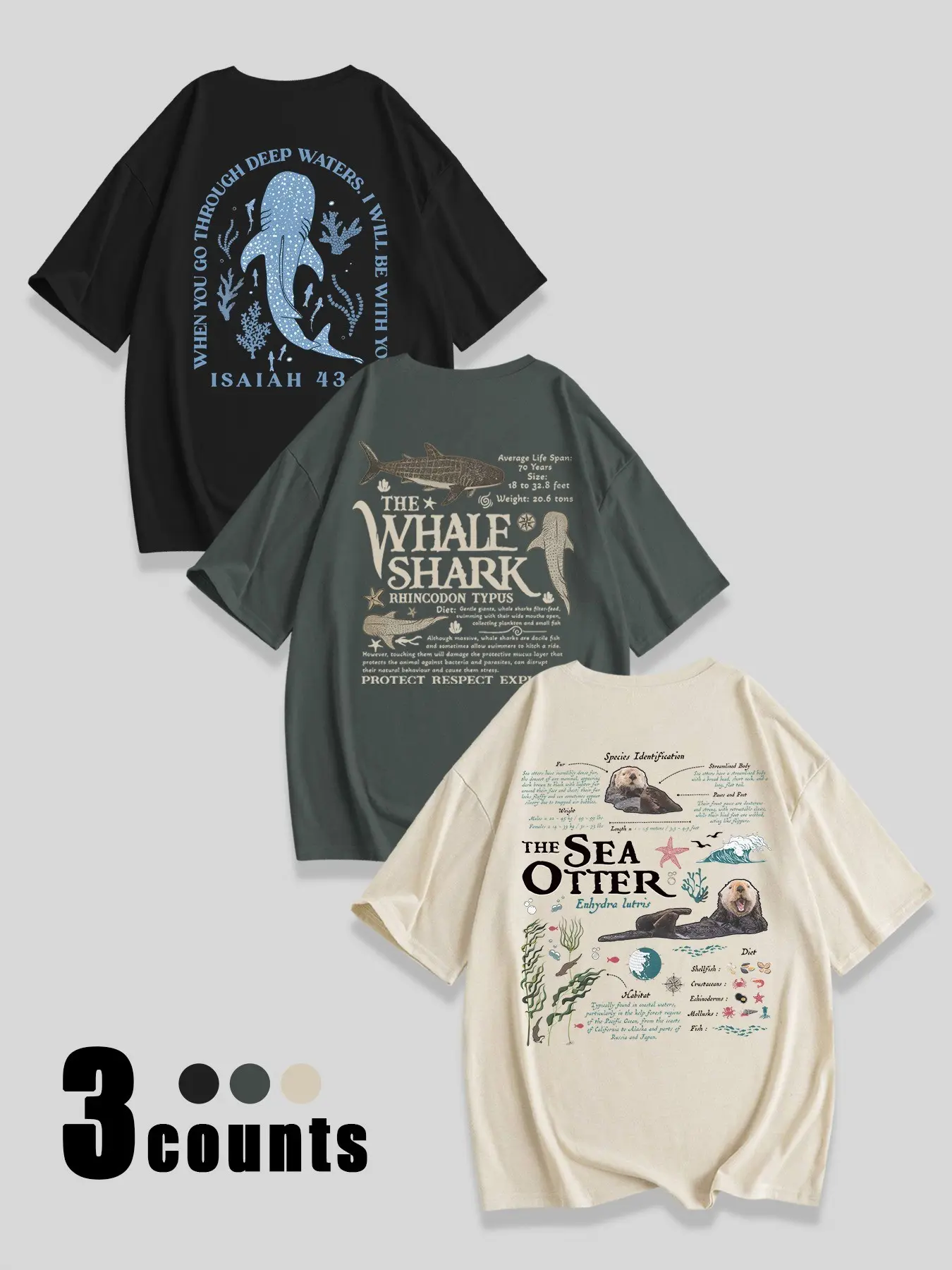 3-Pack Women's Whale & Shark Print Tees, Casual Soft Comfortable Round Neck Short Sleeve T-shirt for Summer, Ladies Clothes for Daily Wear