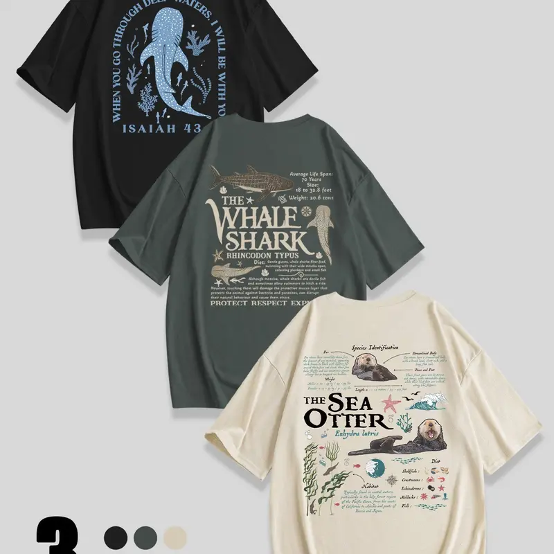 Women's Whale & Shark Print Tee, Casual Soft Comfortable Round Neck Short Sleeve T-shirt for Summer, Ladies Clothes for Daily Wear, Top, Casual Comfy Clothes