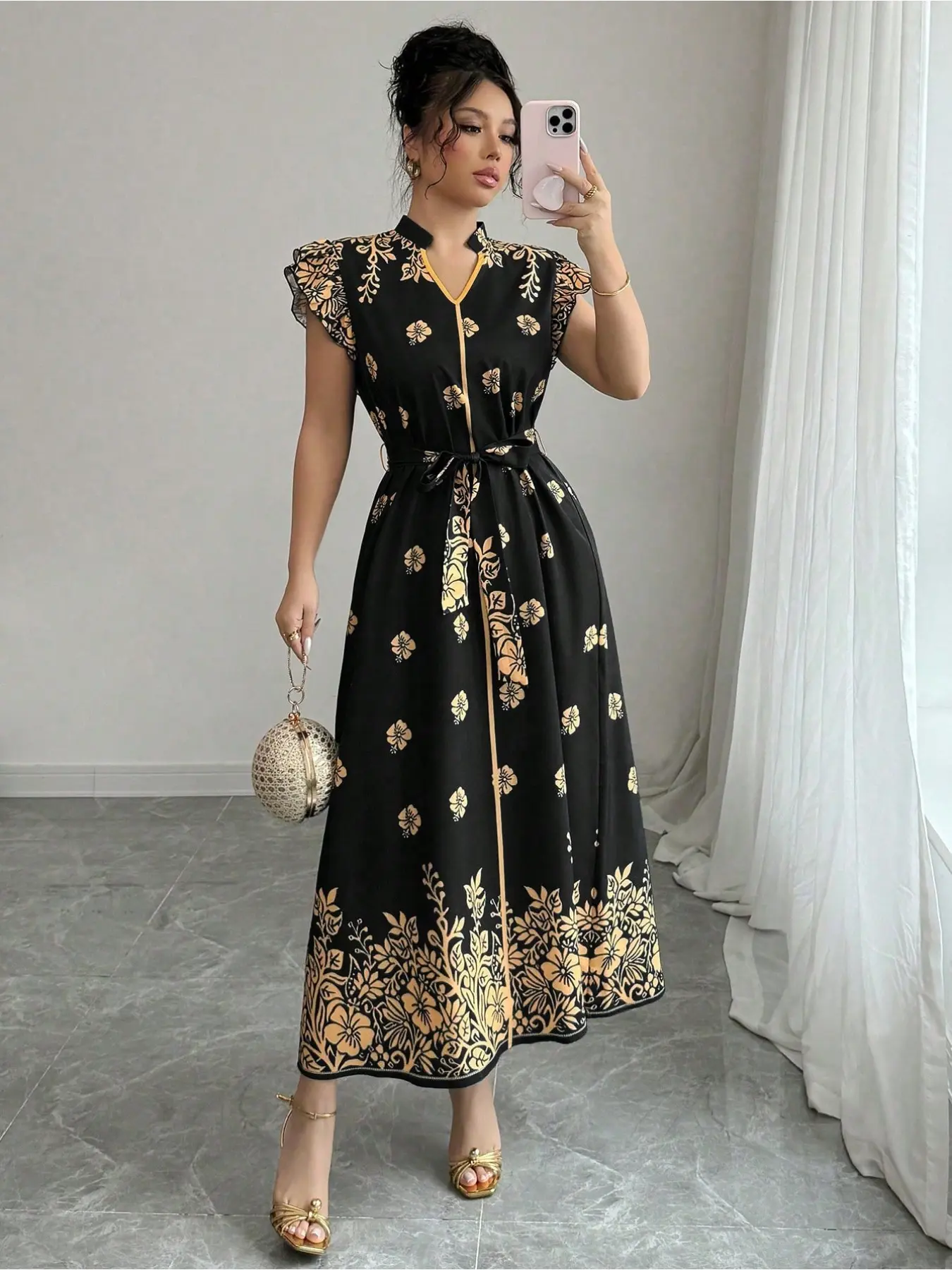 Women's Elegant Chic Floral Print Long Dress, Suitable For Commuting