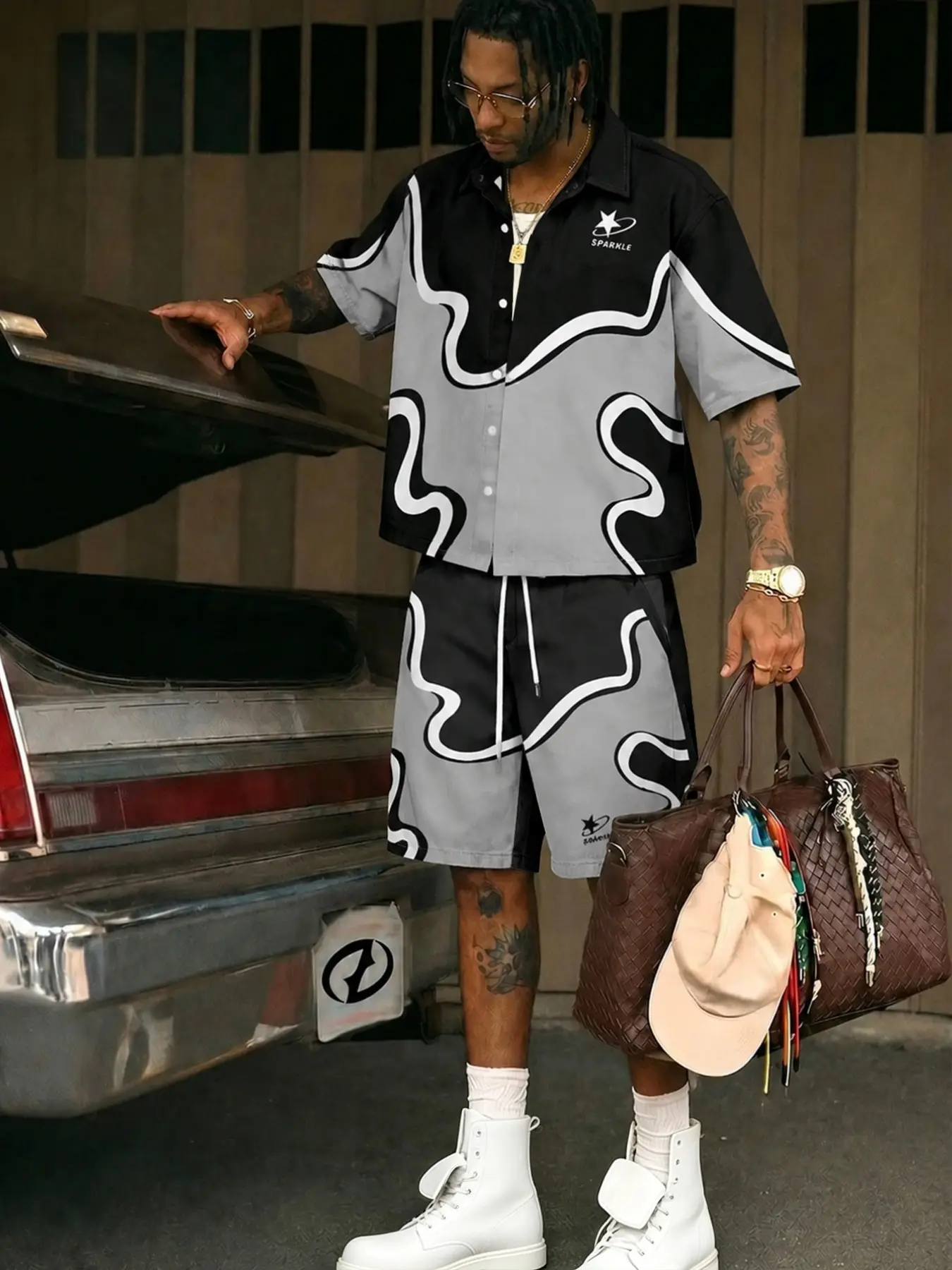 Men's Summer Streetwear Set, Geometric Pattern Shirt & Shorts, Five-Point Star Logo, Casual Loose Fit, Two-Piece