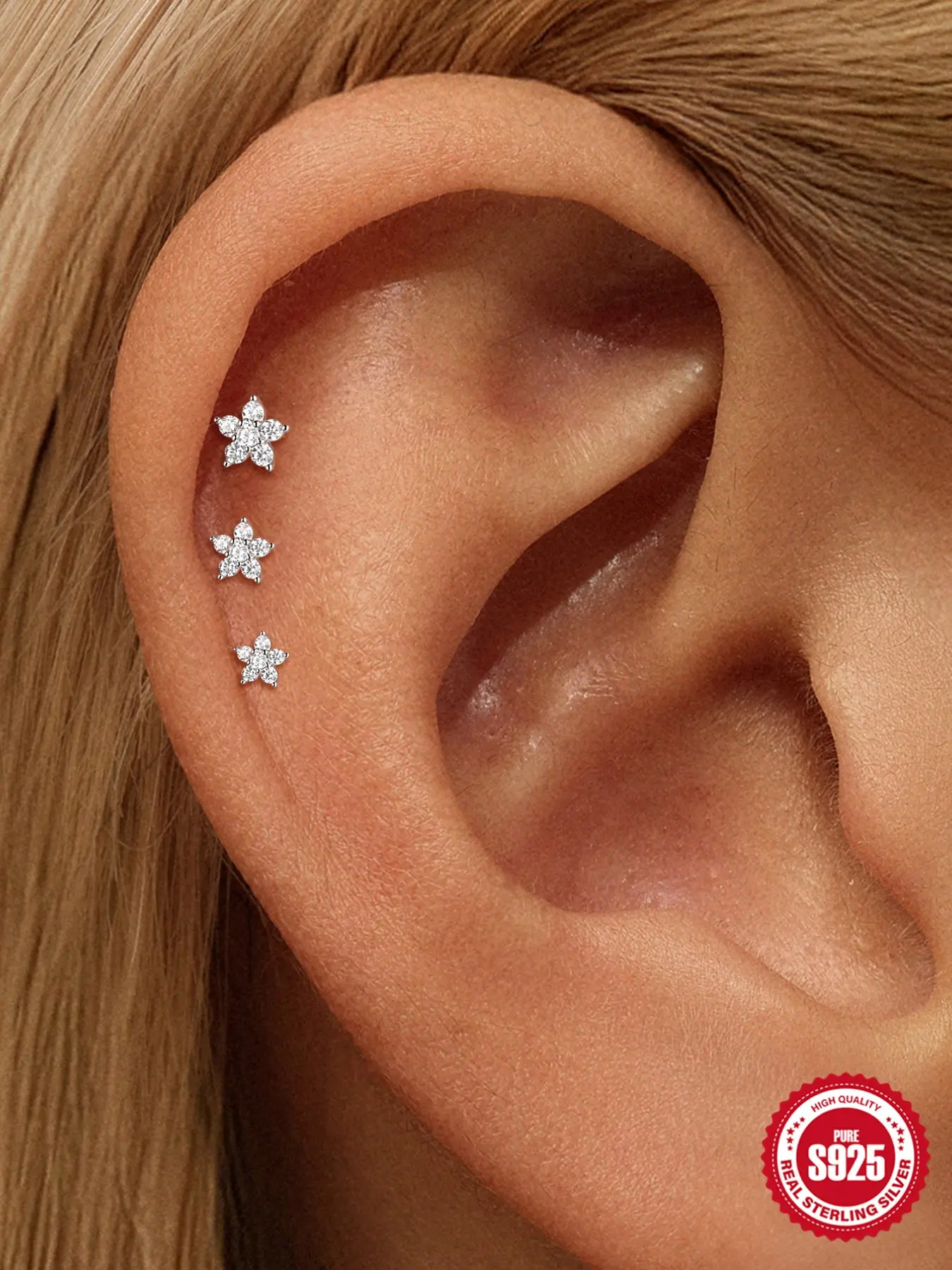 3Pcs White Gold Plated S925 Silver Flat Back, True to Size Multi-Size Flower Piercing Stud Set, Non-Tarnish Hypoallergenic Accessories, Tarnish Free Curated Ear Cartilage Helix Pack, Hypoallergenic Cartilage Earrings