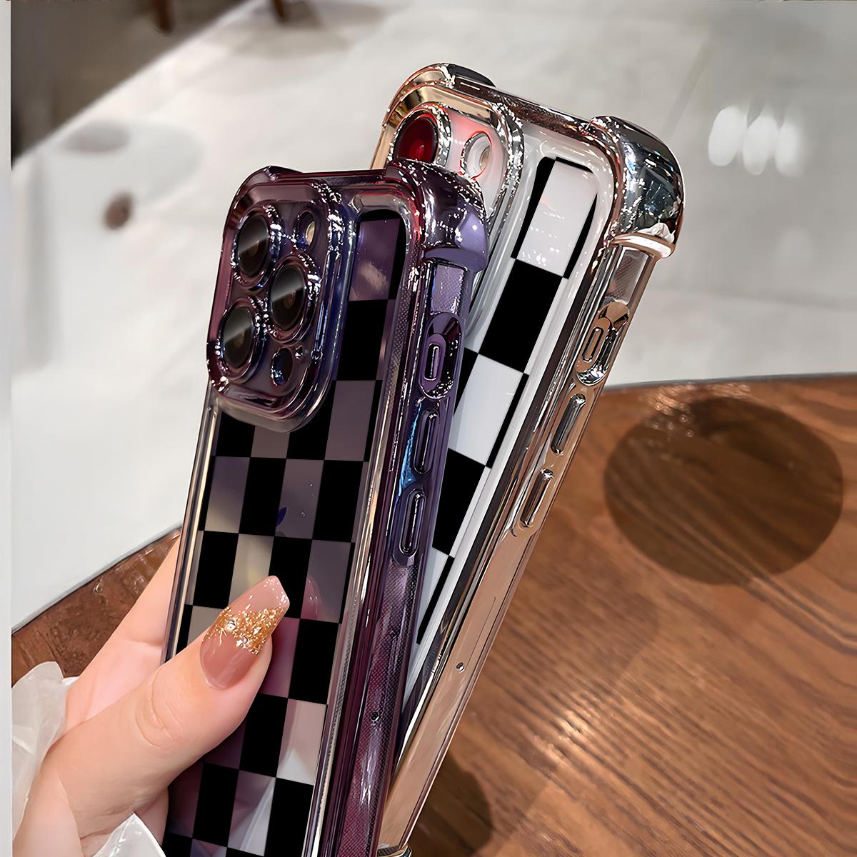 Black Checkered Pattern Phone Case , Electroplated Cover with Airbag Shockproof Slim Soft TPU Cover for iPhone X XS 11 12 13 14 15 16 17 Pro Max Plus Air Stylish