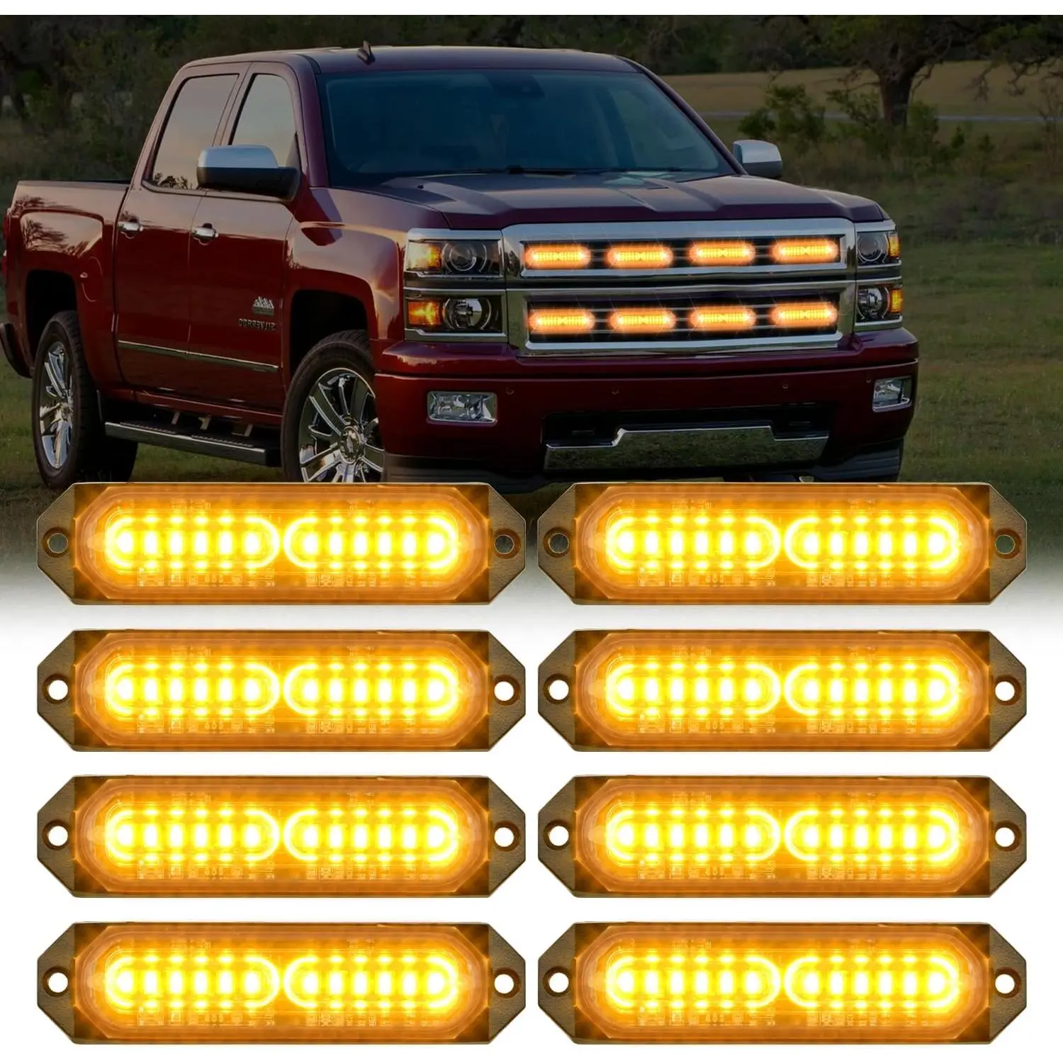Nilight 8PCS 12LED Amber Strobe Light Kit - 12V-24V Ultra Slim Surface Mount Sync-Feature Mini Grille Flasher for Car Truck Upgrades, Amber Cab & Emergency Flash Strip Units, Amber Cab Lights Light Bars & Work Lights