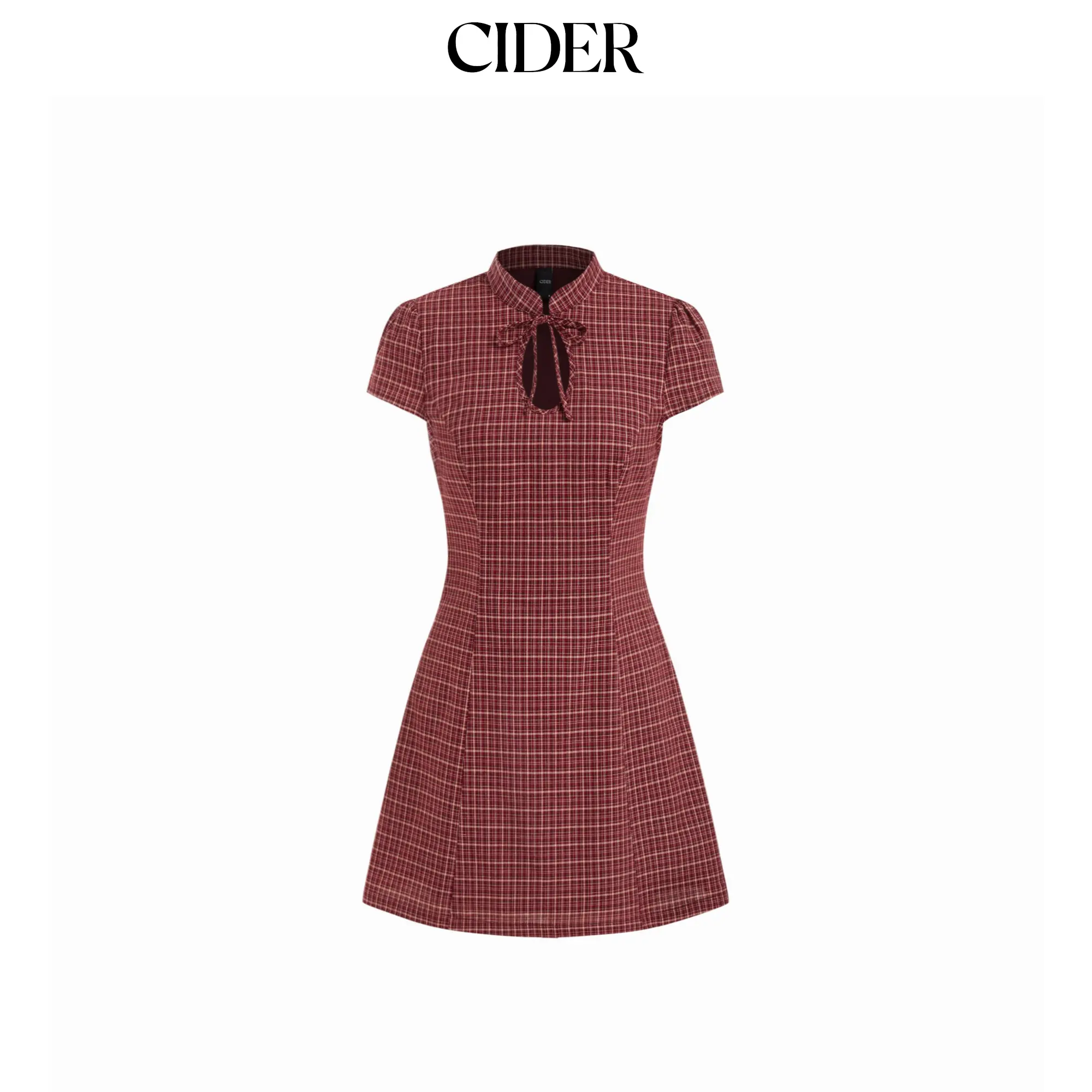 Cider Cotton-blend Mandarin Collar Tartan Cut Out Bowknot Puff Sleeve Mini Dress SohoChic