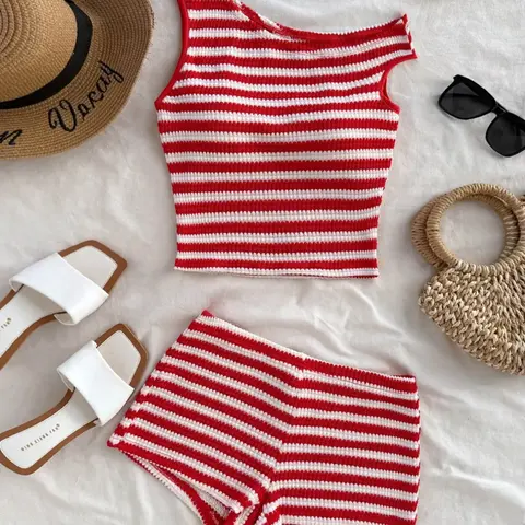 Shoulderless Sleeveless Shorts Set, Casual Retro Striped Two-Piece, Street Style, Perfect for Travel, Shopping, Parties, Daily Wear, Summer Outfit Set #GLOBAL PICKS