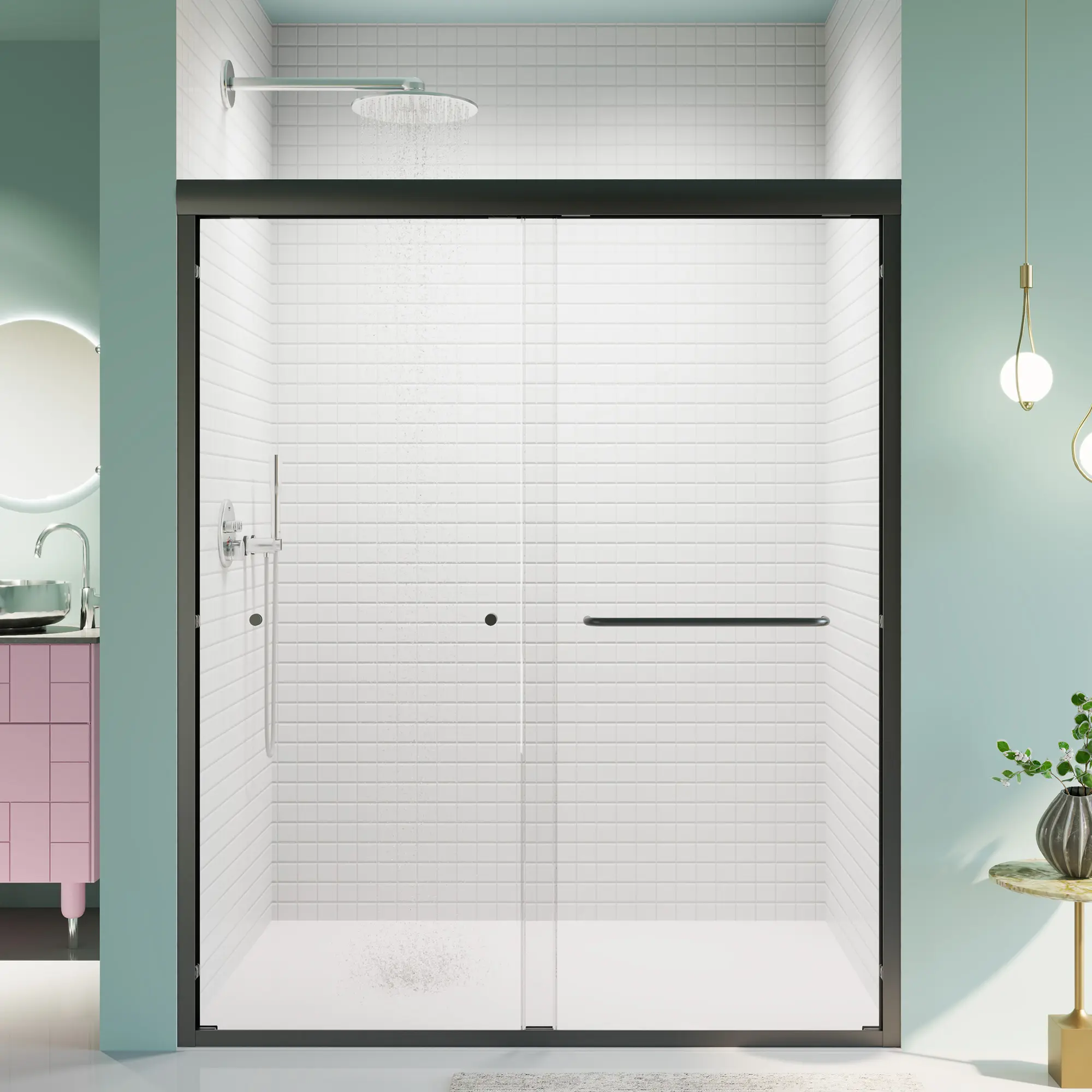 Nokaa Semi-Frameless Double Sliding Bypass Shower Door 56-60 in.W x 72 in.H, 1/4 in.(6mm) SGCC Tempered Glass, Matte Black Finish for Modern Bathroom Enclosure