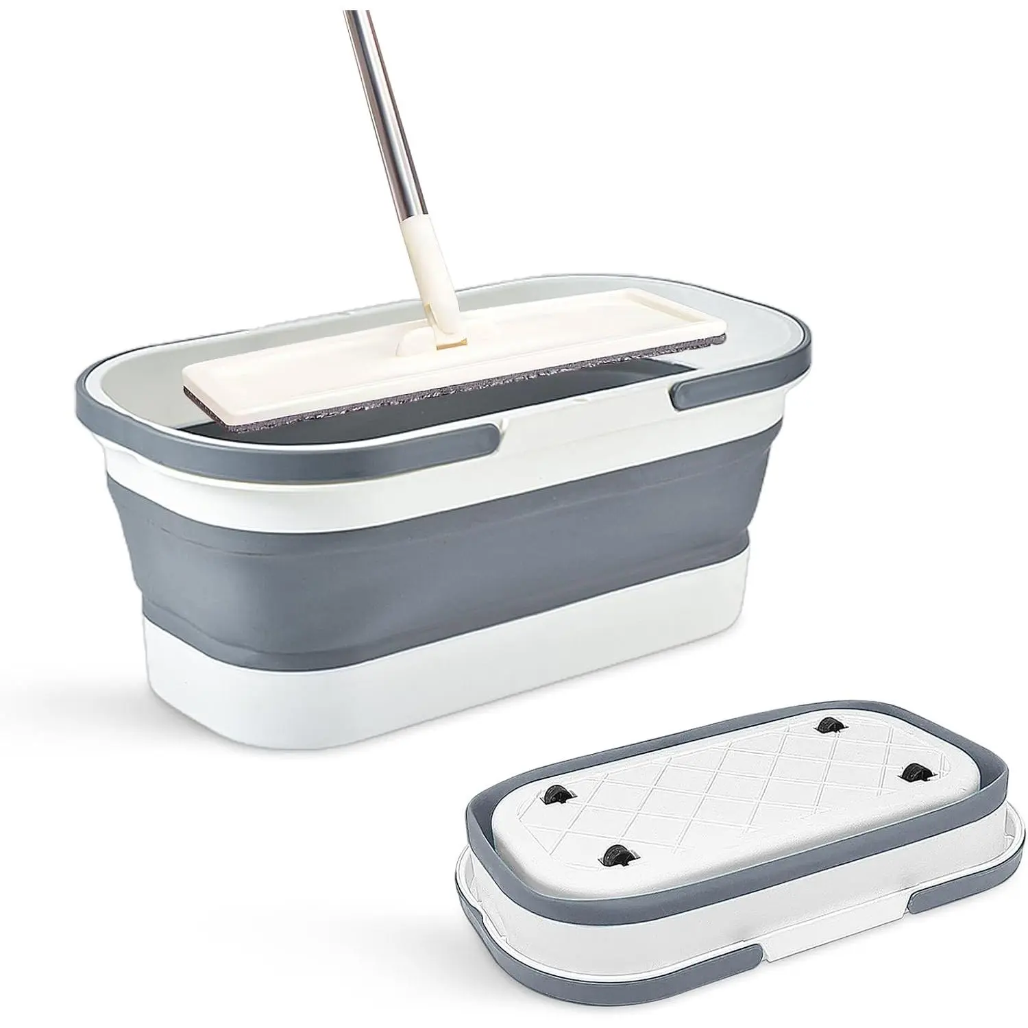 12L (3.17 Gal) Grey Collapsible Foldable Adjustable PP+TPR Plastic Rectangular Bucket with Rolling Wheels - Lightweight Portable Household Wash Tub, Organizer for House Cleaning, Camping, Polypropylene