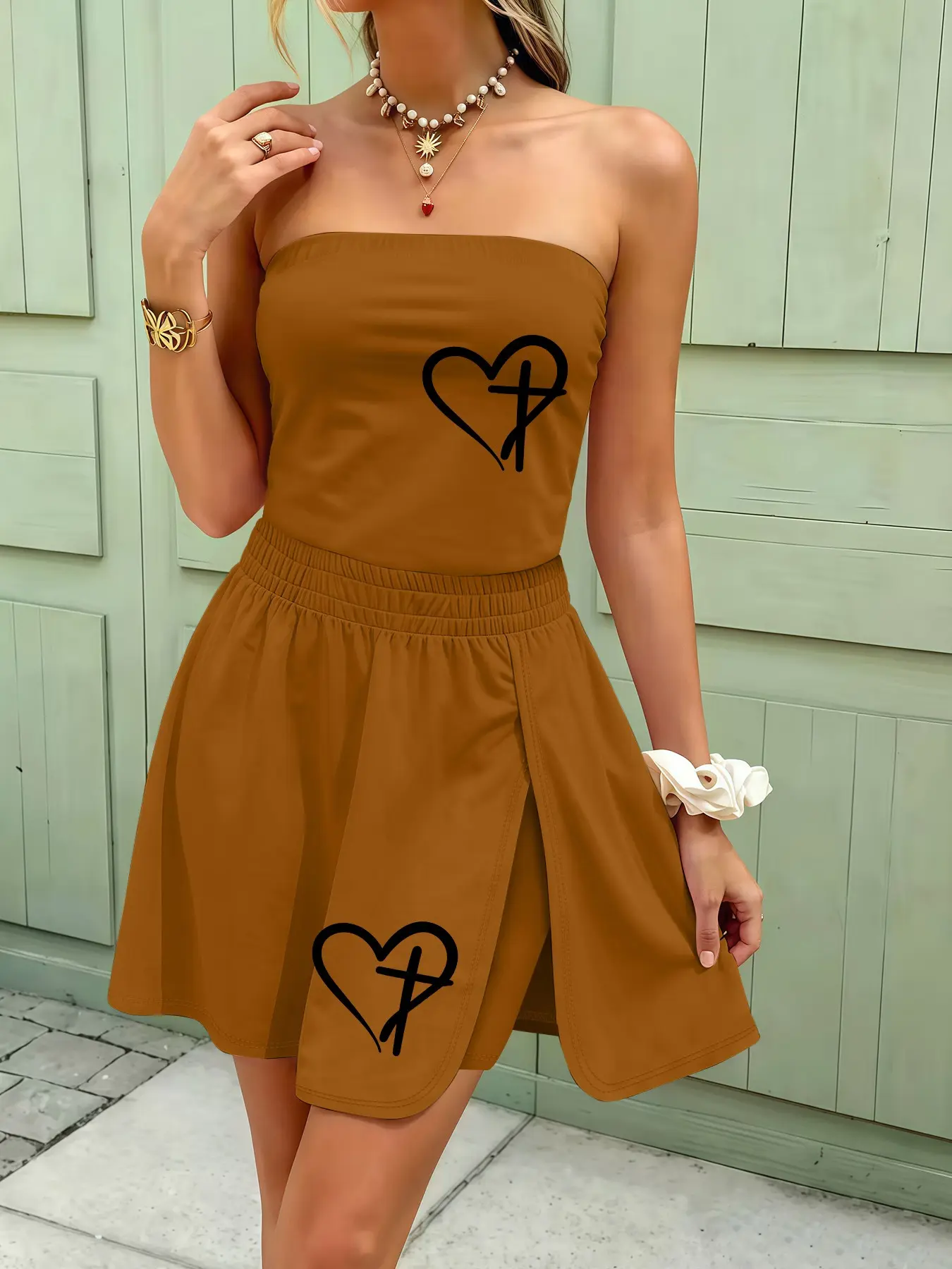 2-piece set, line cross heart sleeveless tube top   shorts skirt, suitable for daily wear, sexy women's tube top and half skirt