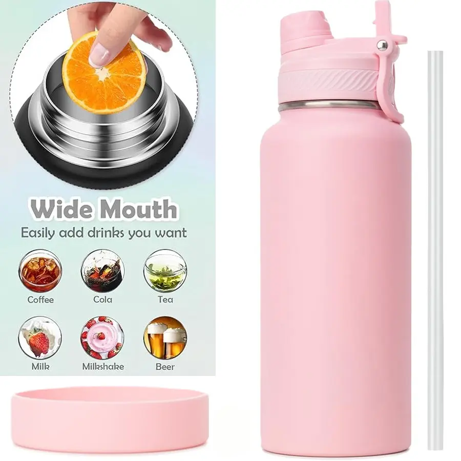32oz Stainless Steel Vacuum Insulated Water Bottle, Leak-Proof Straw & Spout, Dual-Layer Thermos, Ideal for School, Outdoor, Travel, Drinkware, Tumbler, Insulated Bottles