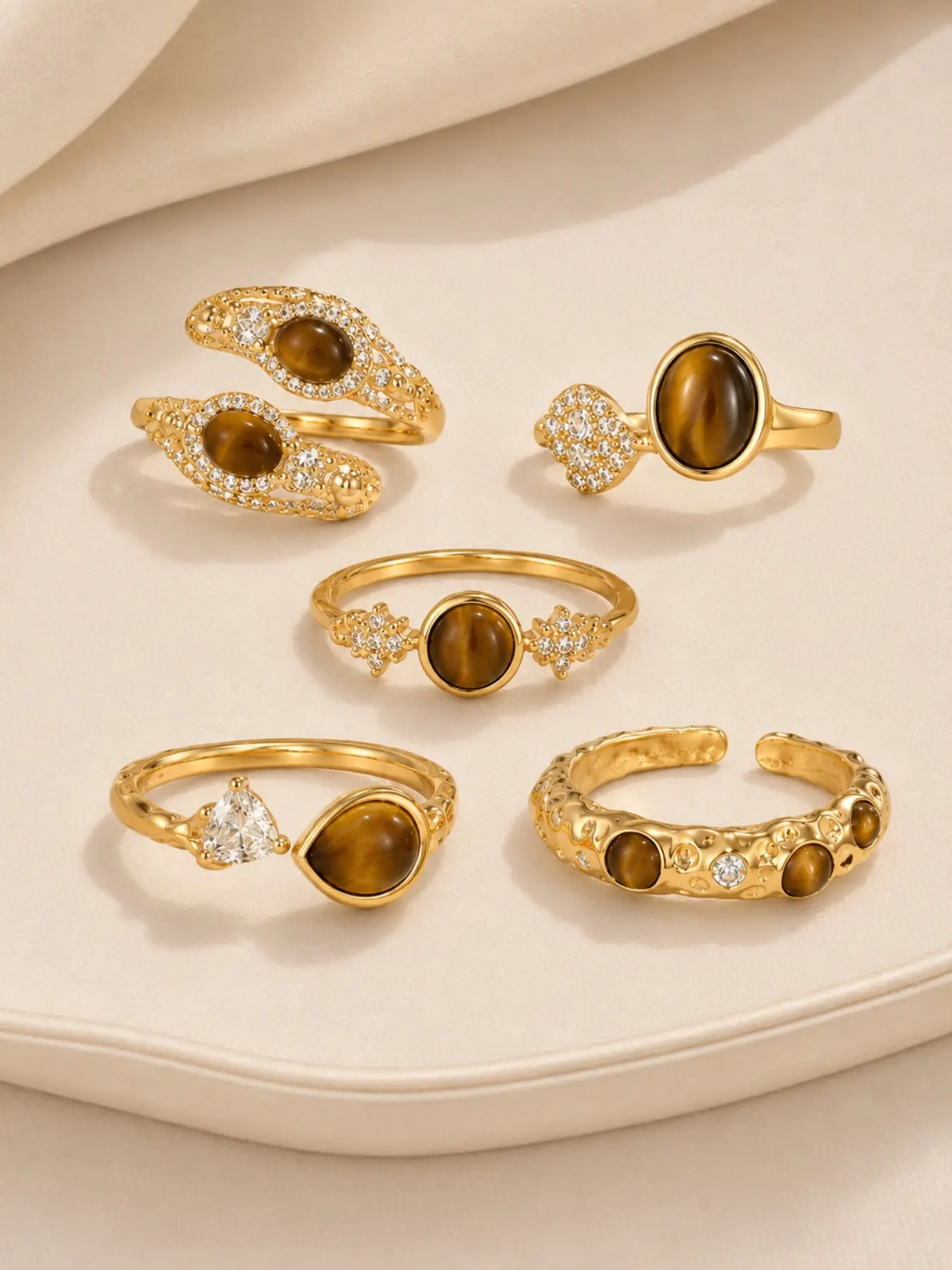 5PCS Stackable Ring Set for Women, Brown Cat Eye Effect and Sparkle Accent Gold Tone Rings, Dainty Open Ring Stack for Daily Wear, Back to School Outfit, Wedding Season, Bridesmaid Gift, Holiday Gift for Her