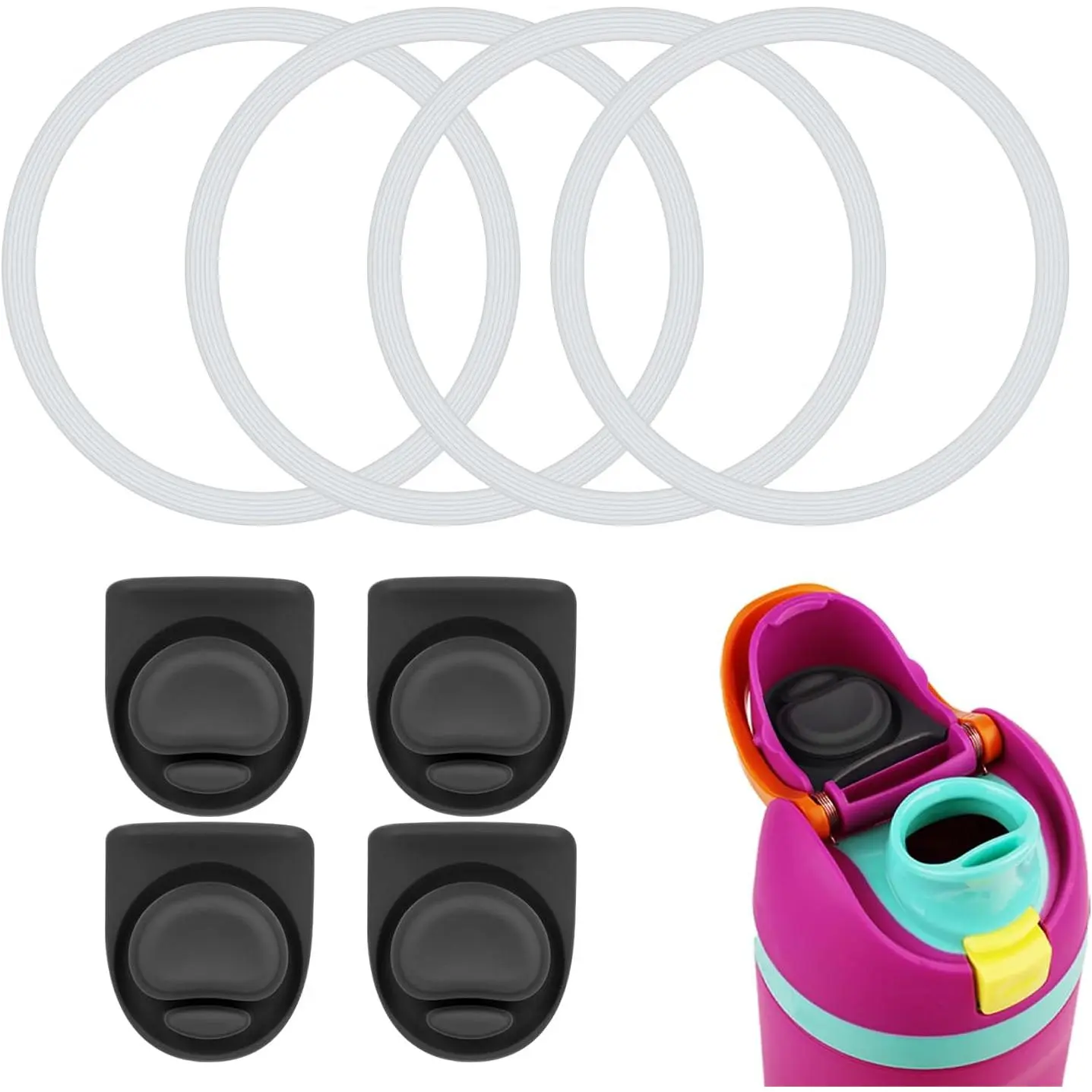 4 count Water Bottle Seal Circle & 4 count  Stopper,  O Circle Lid Gasket  for  Free Sip 19oz 24oz 32oz 40oz, Cap Mouth Plug Gasket Accessories,