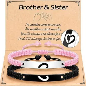 LovedenBrother & Sister Matching Bracelet Set, Father's Day Gift for Siblings, Split Heart Braided Cord Wristbands, Adjustable Family Jewelry for Him & Her