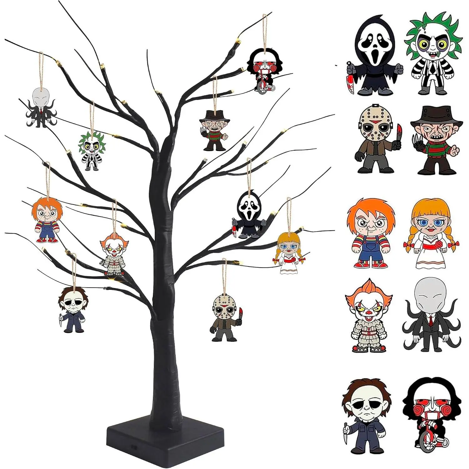 Black Halloween Tree with LED Lights and Spooky Wooden  Ornaments  Movie Ornaments, Light Up Halloween Decor