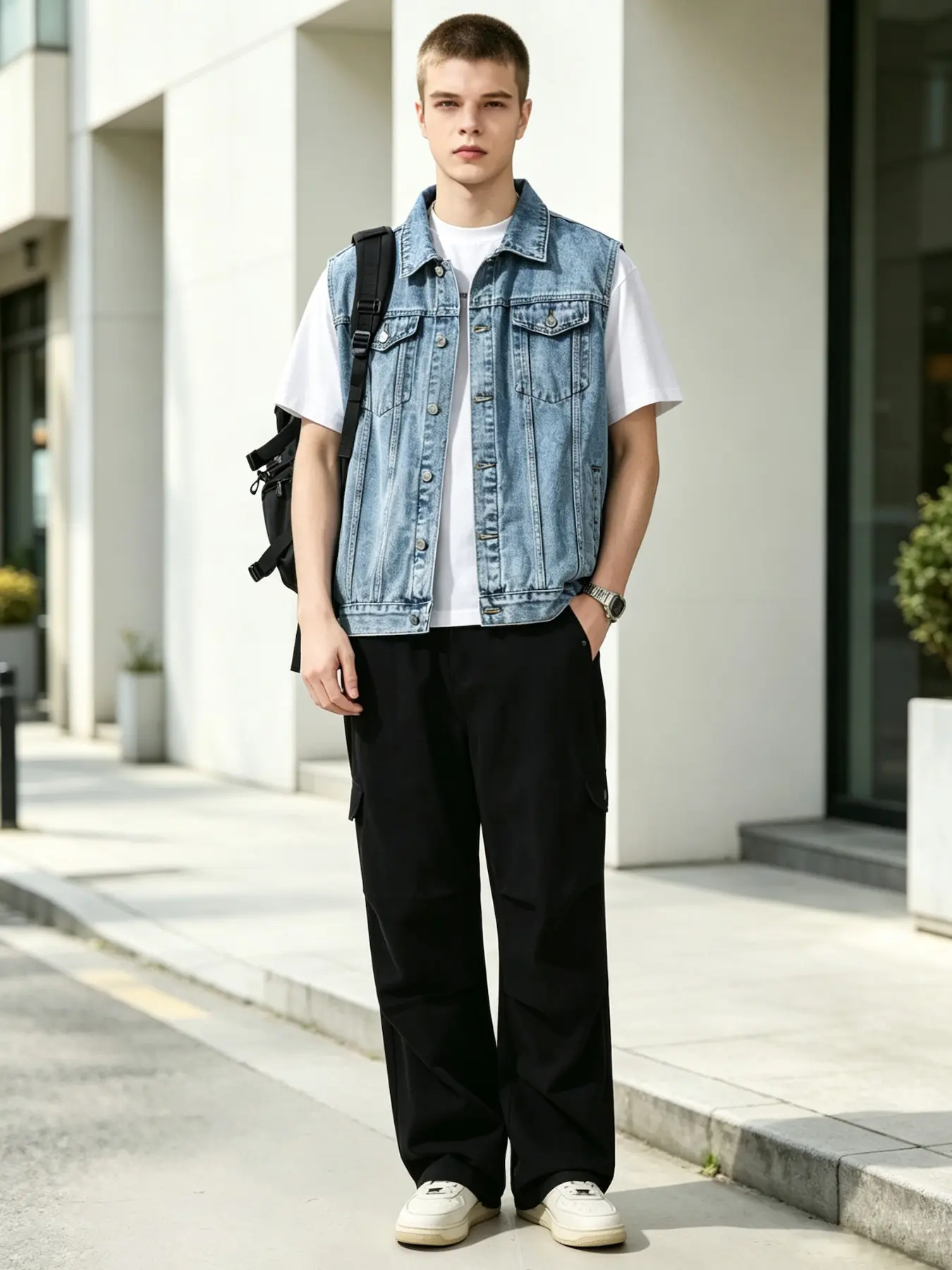 Men's Denim Vest Jacket, Light Blue Fashion Casual Shirt, Four-Season Street Style, Lapel Design, Trendy Men's Outerwear