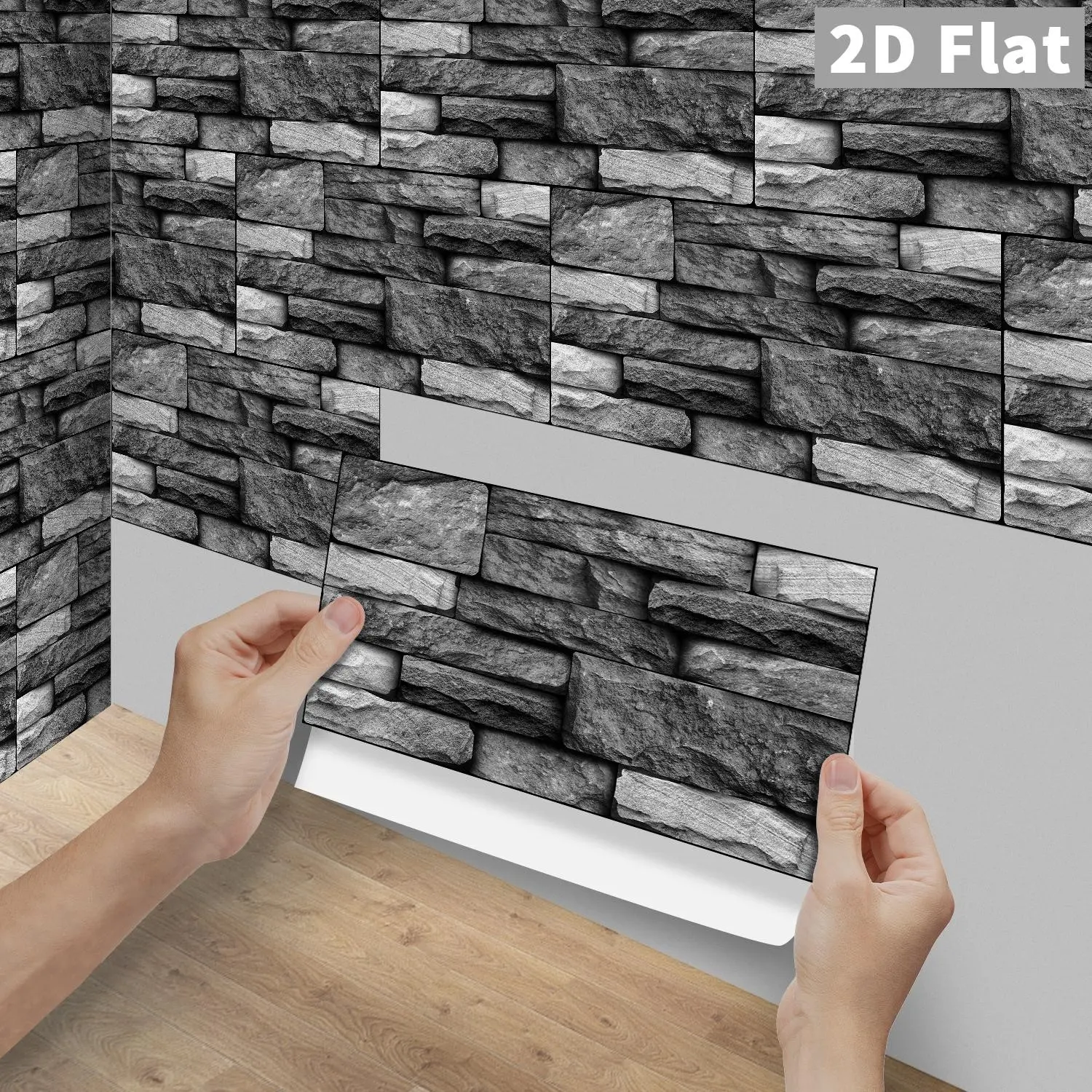 6/12/24/48Pcs FG Retro Gray Stacked Slate Stone Tile Stickers, 2D Flat PVC Crystal Film Self Adhesive Waterproof Oilproof Wall Decals For Kitchen Bathroom Floor Wood Home Decor