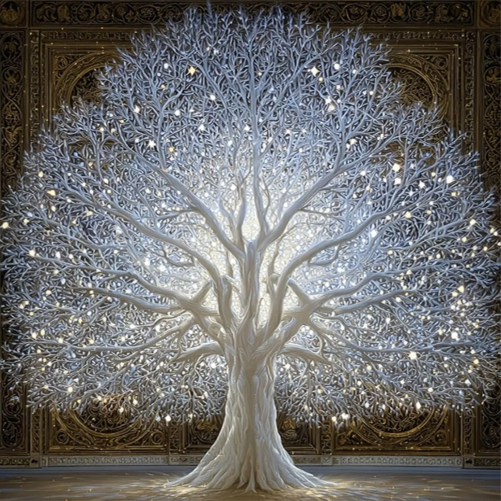1PC,2D Vintage Illuminated Tree Diamond Painting Kit with Glitter Rhinestones DIY Art Craft for Home Wall Decor Adults Kids Creative Handmade Gift Elegant Embossed Pattern Crystal Mosaic Artwork